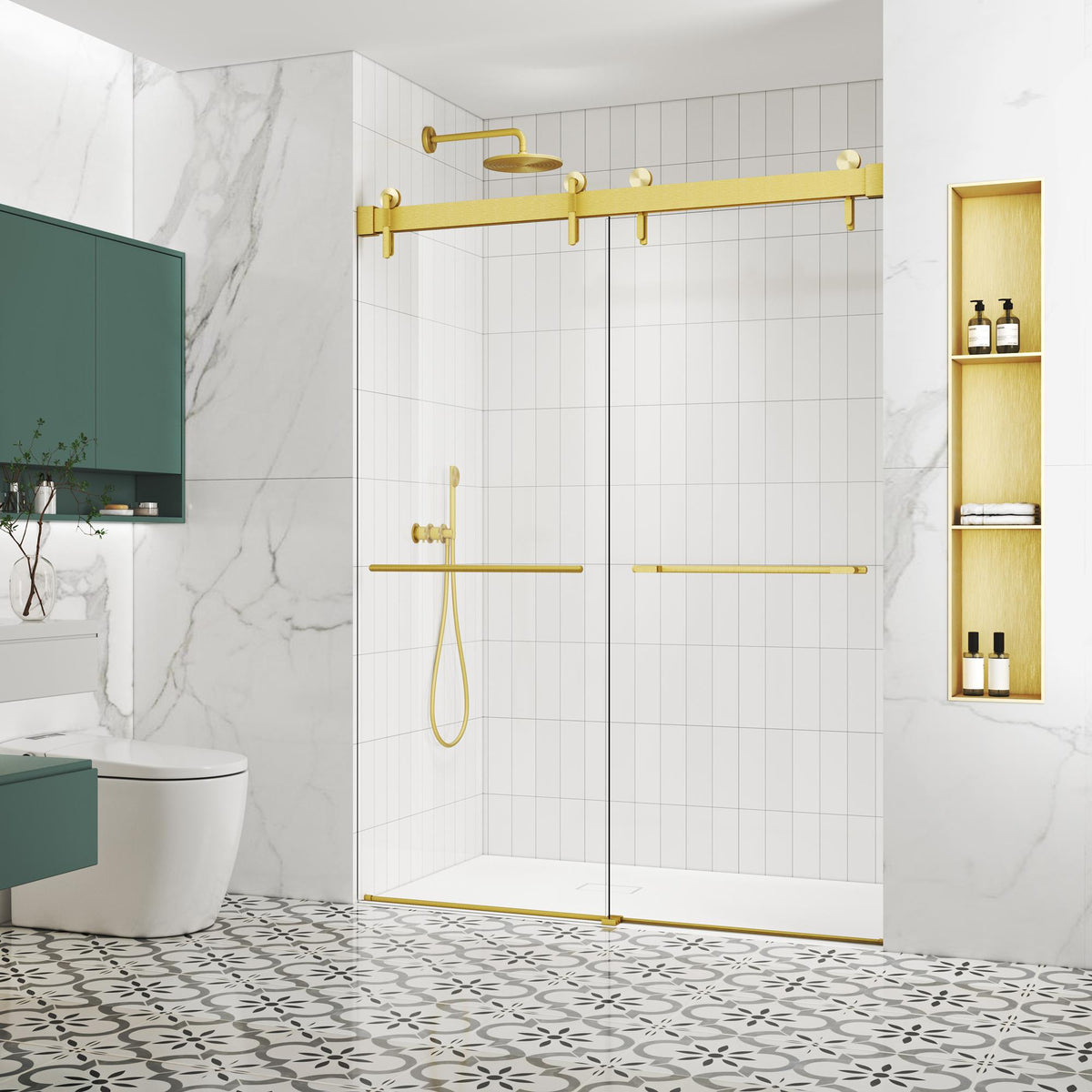 57-60*78 INCH Frameless Double Sliding Shower Door Glass Door,Shower Door,(10mm) Thick SGCC Tempered Glass Door + Aluminium Alloy For Bathroom Door--Brushed Gold