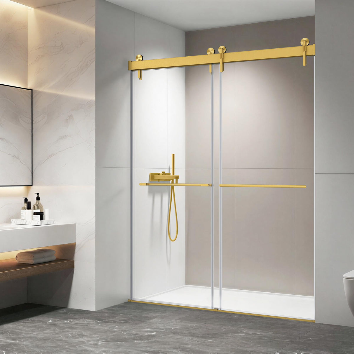 57-60*78 INCH Frameless Double Sliding Shower Door Glass Door,Shower Door,(10mm) Thick SGCC Tempered Glass Door + Aluminium Alloy For Bathroom Door--Brushed Gold
