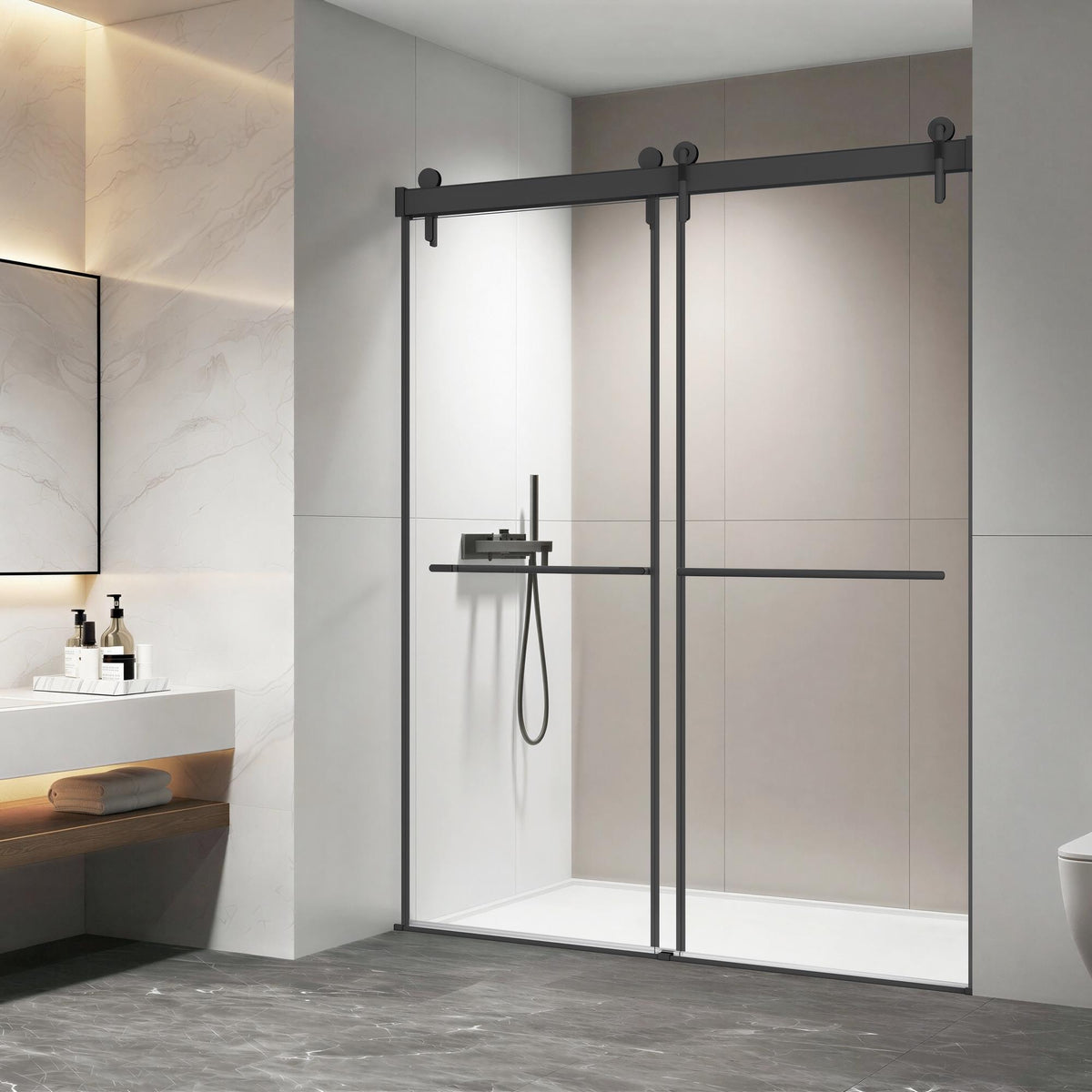 57-60*78 INCH ,Frameless Double Sliding Shower Door (10mm) Thick SGCC Tempered Glass Door ,Glass Door,Shower Door + Aluminum Alloy For Bathroom Door--Matte Black