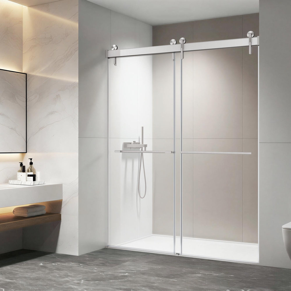 57-60*78 INCH Frameless Double Sliding Shower Door Glass Door,Shower Door ,(10mm) Thick SGCC Tempered Glass Door + Aluminium Alloy For Bathroom Door--FOR Brushed Nickel Metal