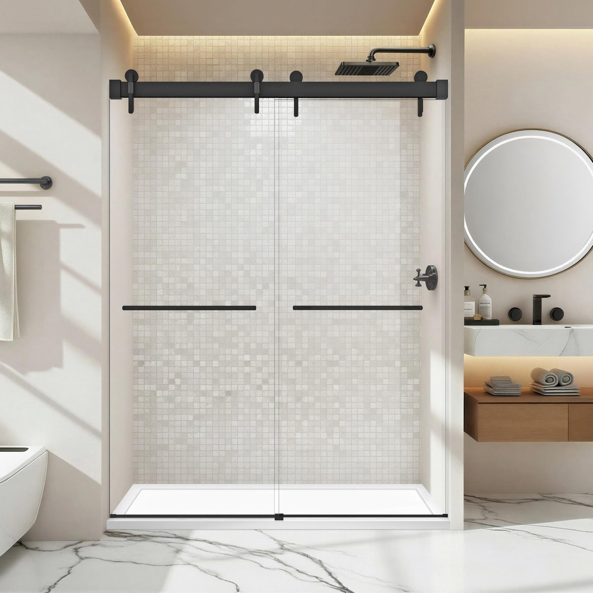 57-60*78 INCH ,Frameless Double Sliding Shower Door (10mm) Thick SGCC Tempered Glass Door ,Glass Door,Shower Door + Aluminum Alloy For Bathroom Door--Matte Black