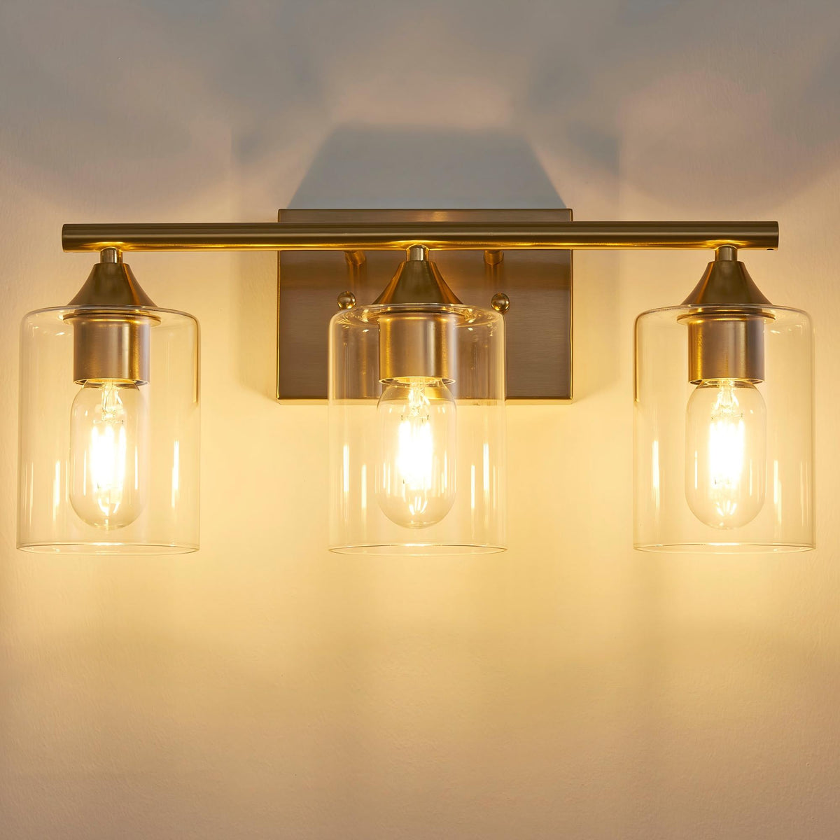 3-Light Brushed Gold Bathroom Vanity Light Fixture, Anti-Rust Metal Wall Mount Lamp with Clear Glass Shade, Modern Farmhouse Wall Sconce for Restroom & Dressing Room(No light bulb)