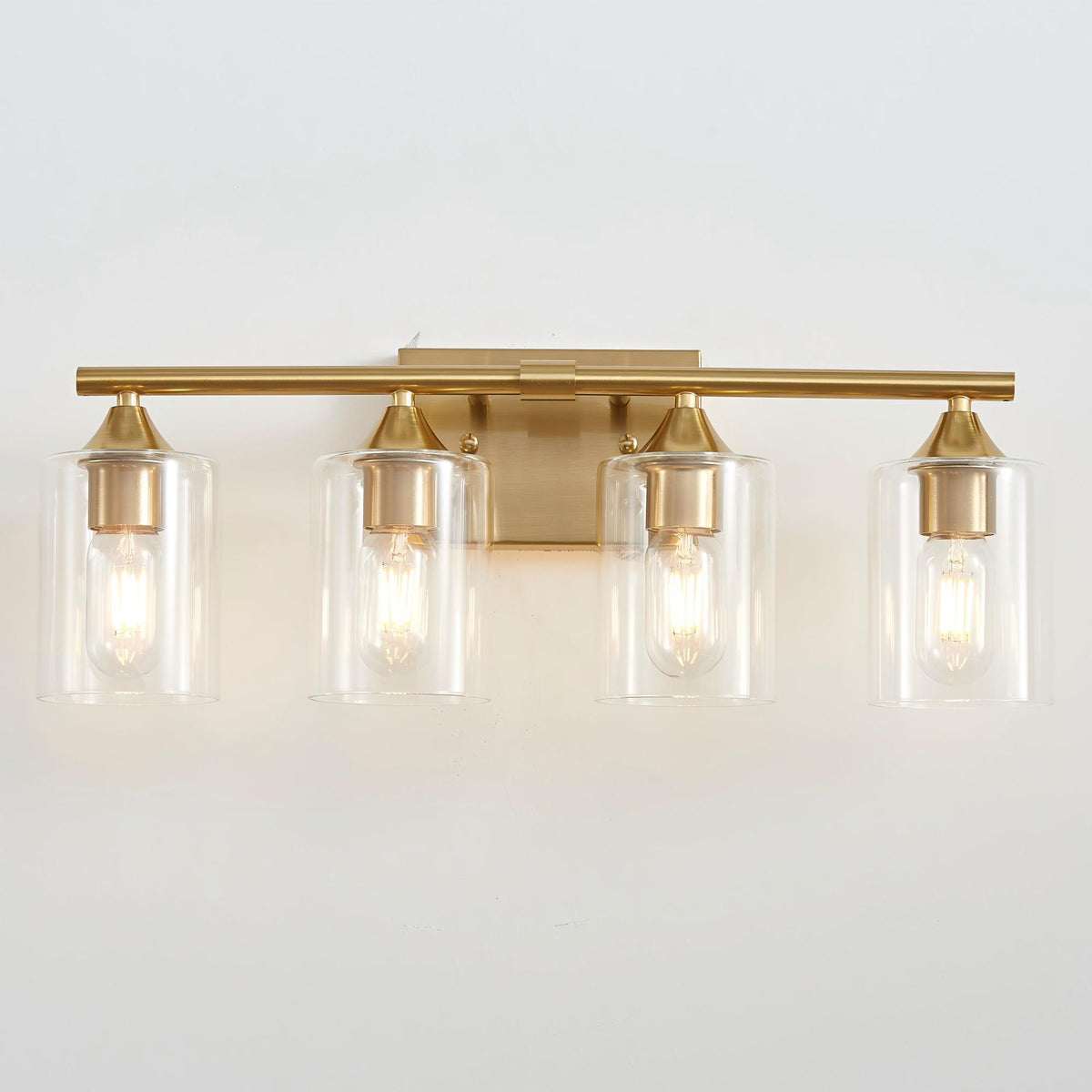 4-Light Brushed Gold Bathroom Vanity Light Fixture, Anti-Rust Metal Wall Mount Lamp with Clear Glass Shade, Modern Farmhouse Wall Sconce for Restroom & Dressing Room(No light bulb) (Copy)