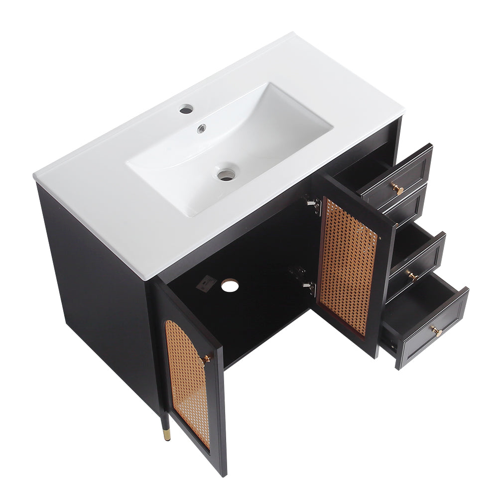 36" Bathroom Vanity with Ceramic Basin, Rattan Bathroom Storage Cabinet with Two Doors and Drawer