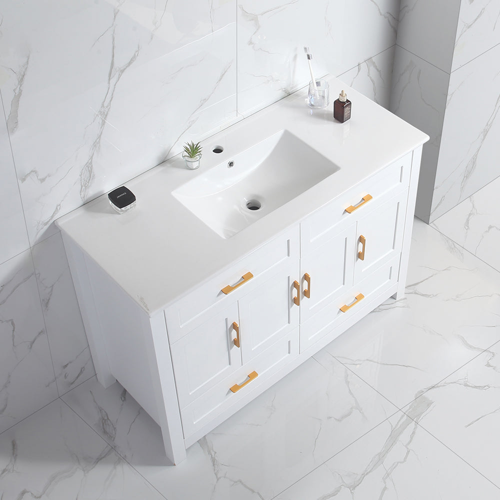48" White Bathroom Vanity with Ceramic Sink Combo, Abundant Storage Cabinet -4 Soft close doors and 4 drawers