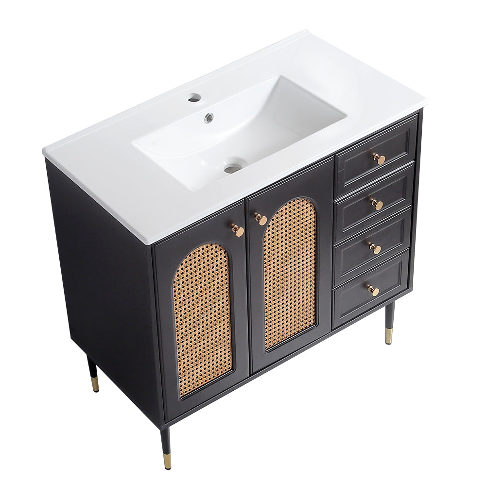 36" Bathroom Vanity with Ceramic Basin, Rattan Bathroom Storage Cabinet with Two Doors and Drawer