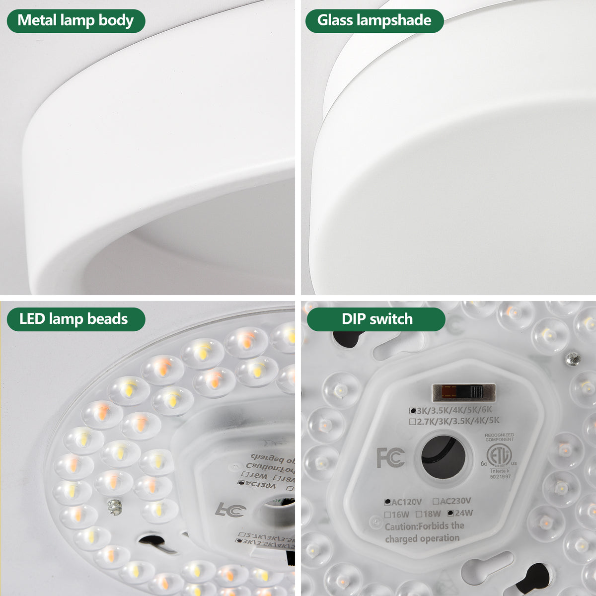 1 PACK LED Flush Mount Ceiling Light Fixture, Modern Kitchen Recessed Ceiling Lamp 24W 12 Inch Closet Round Surface for Bathroom Laundry Bedroom Hallway(White)