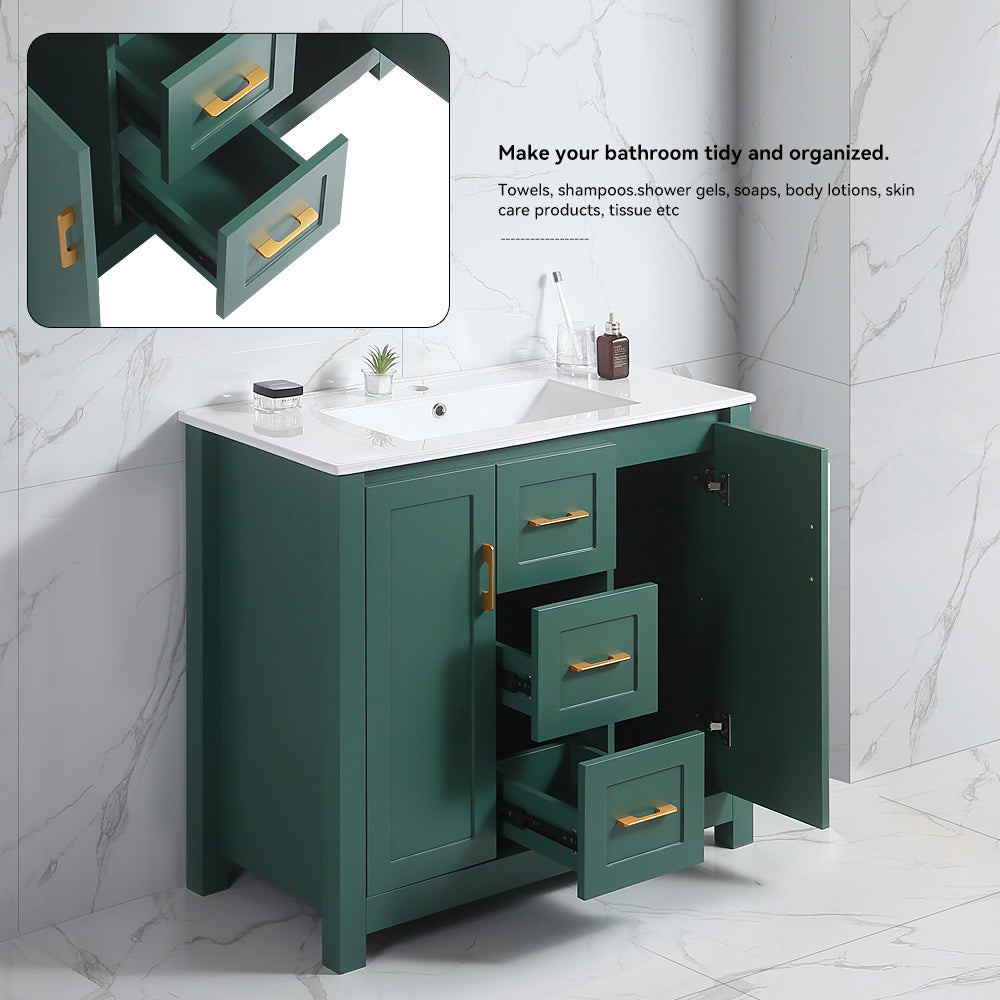 36"Green Bathroom Vanity with Single Sink, Combo Cabinet Undermount Sink, Bathroom Storage Cabinet with 2 Doors and 2 Drawer, Soft Closing, Multifunctional Storage