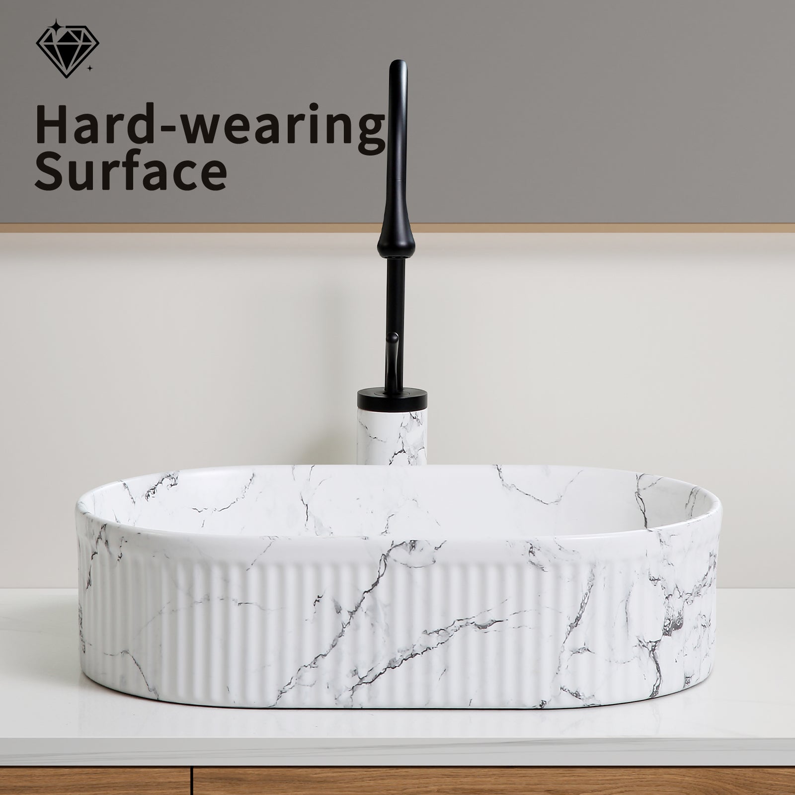 KPUY 19" x 12" Oval Vessel Sink Set with Faucet & Drain | Black & White Marble Ceramic