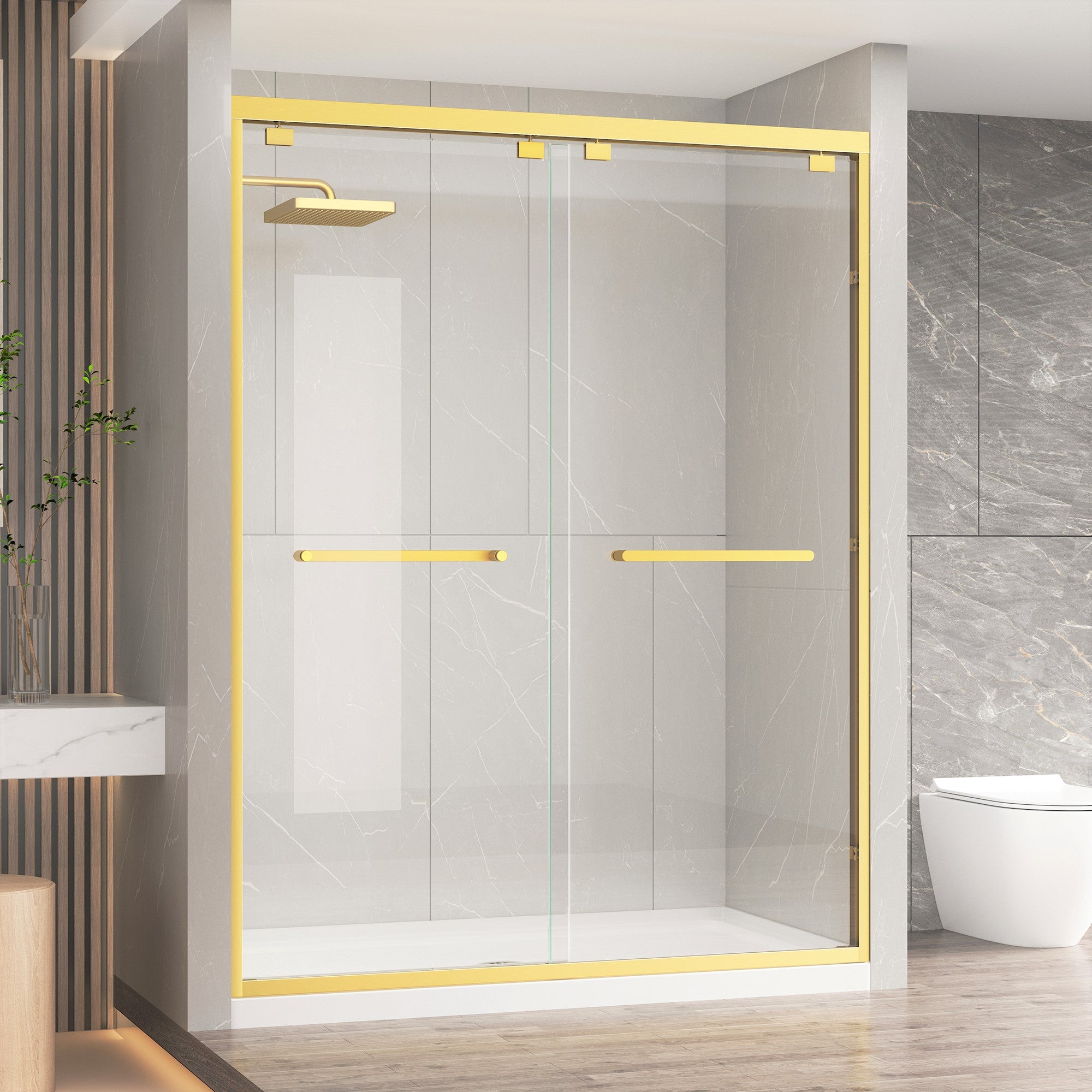 KPUY Double Sliding Glass Shower Door, 76" H, 1/4" Tempered Glass, Brushed Gold