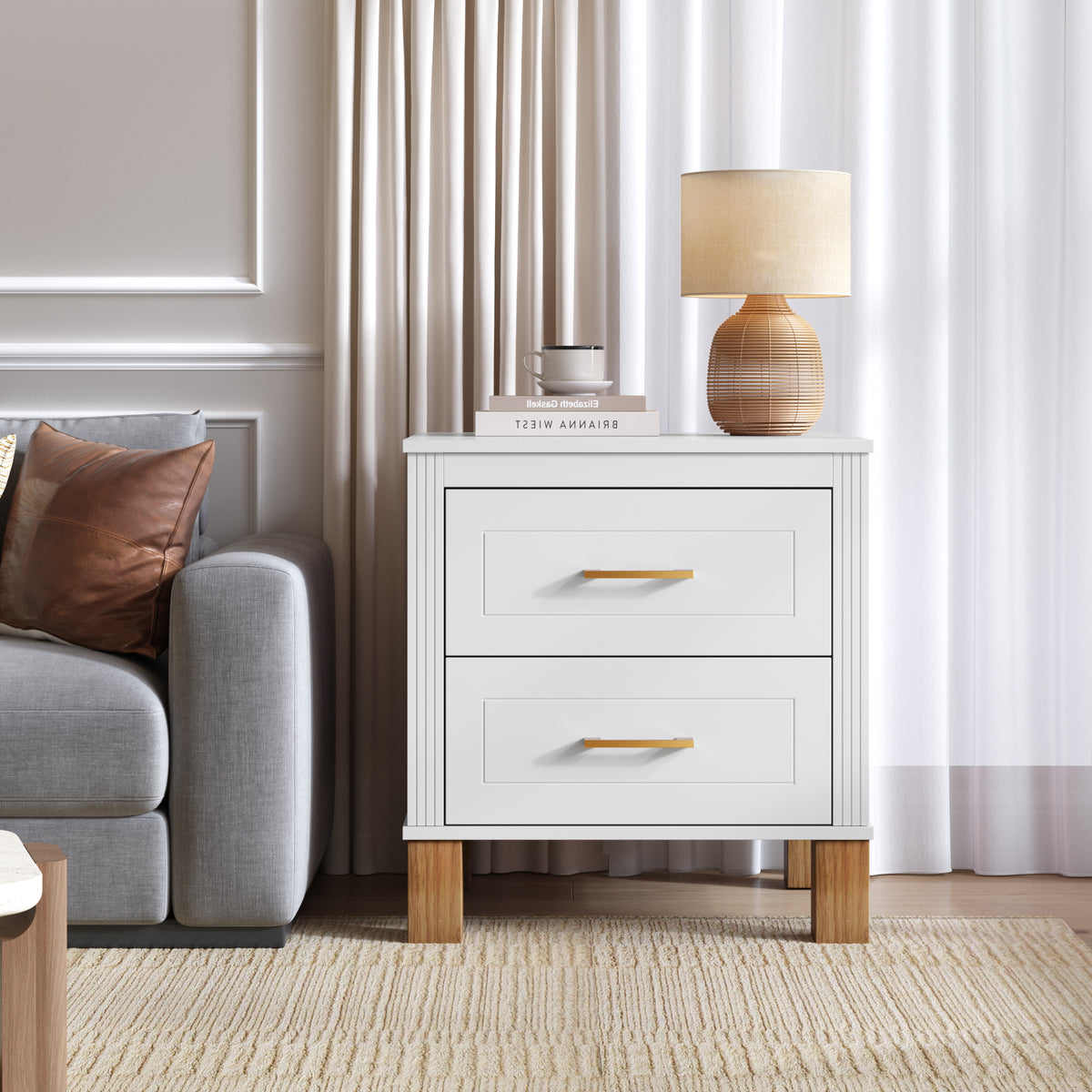 KPUY&HOME Fluted 2-Drawer Nightstand with Solid Wood Legs & Metal Handles, Tall Bedside Table with Storage, White