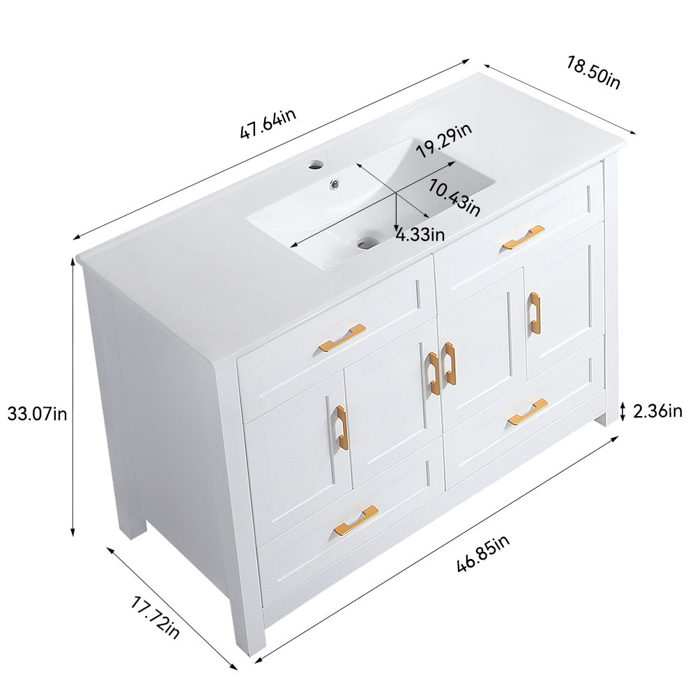 48" White Bathroom Vanity with Ceramic Sink Combo, Abundant Storage Cabinet -4 Soft close doors and 4 drawers