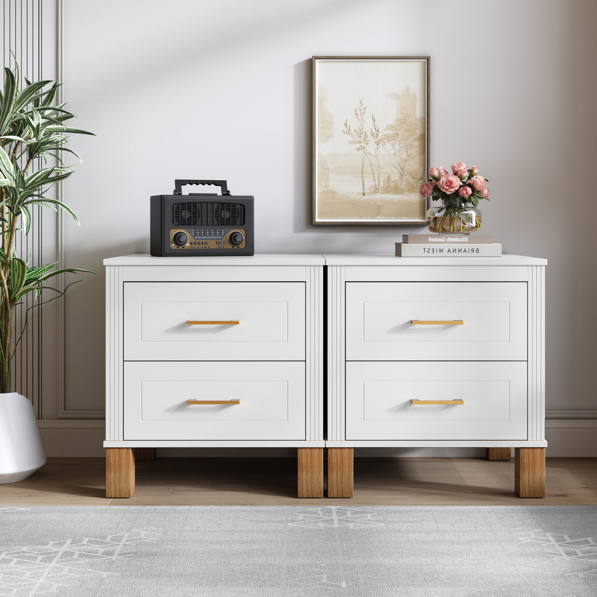 KPUY&HOME Fluted 2-Drawer Nightstand with Solid Wood Legs & Metal Handles, Tall Bedside Table with Storage, White