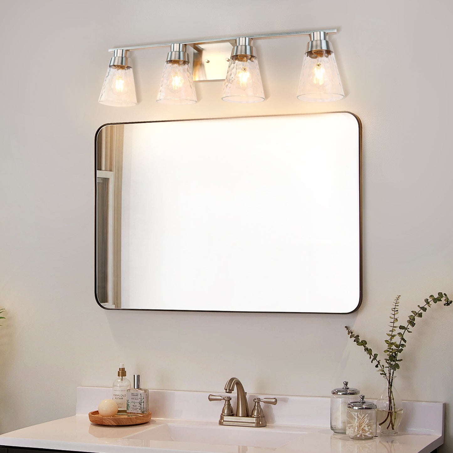 Modern Gold Vanity Lighting Fixture, 4 Light Over Mirror, Wall Lamp with Clear Glass for Bathroom, Hallway, Bedroom with E26 Socket