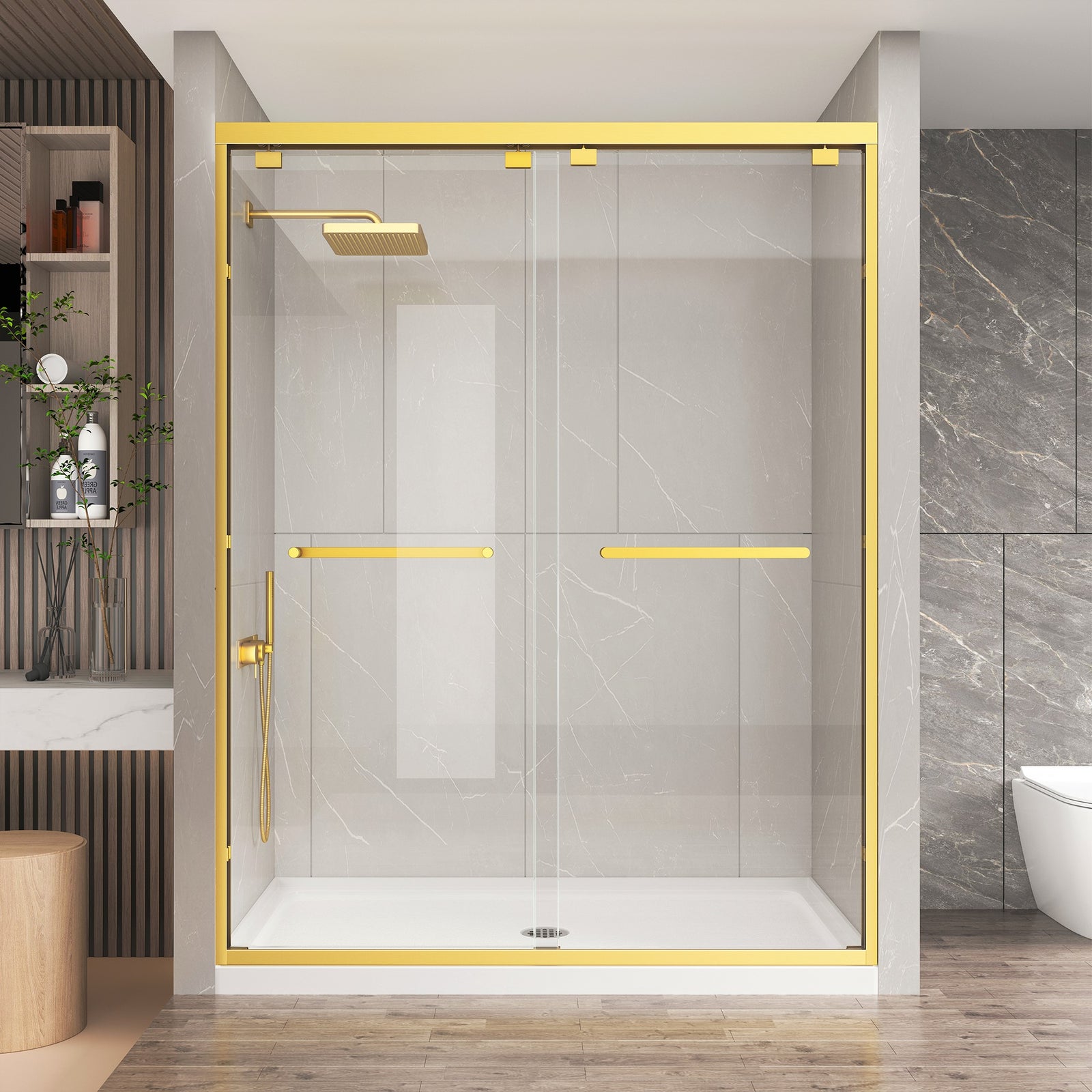 KPUY Double Sliding Glass Shower Door, 76" H, 1/4" Tempered Glass, Brushed Gold