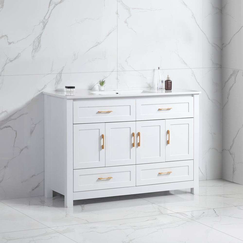 48" White Bathroom Vanity with Ceramic Sink Combo, Abundant Storage Cabinet -4 Soft close doors and 4 drawers