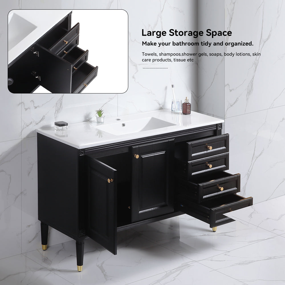 48'' Bathroom Vanity with Top Sink, Bathroom Storage Cabinet with 2 Soft Closing Doors and 3 Drawers, Single Sink Bathroom Vanity. black