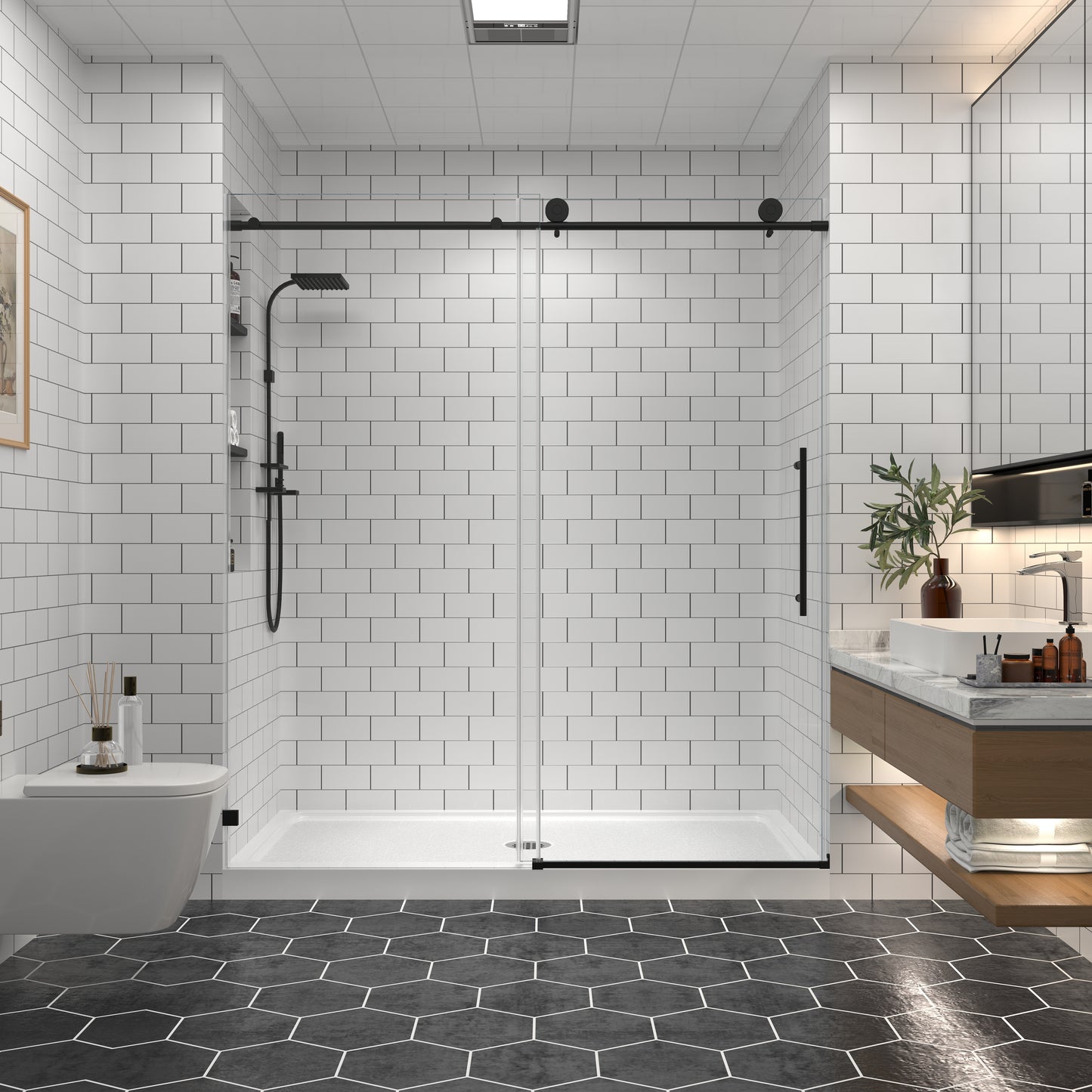 KPUY 2517 Black/Silver/Gold Frameless Shower Door, Sliding Glass Shower Door, 5/16" (8mm) Thick Tempered Clear Glass with Explosion-Proof Film Nano Coating, Stainless Steel Hardware