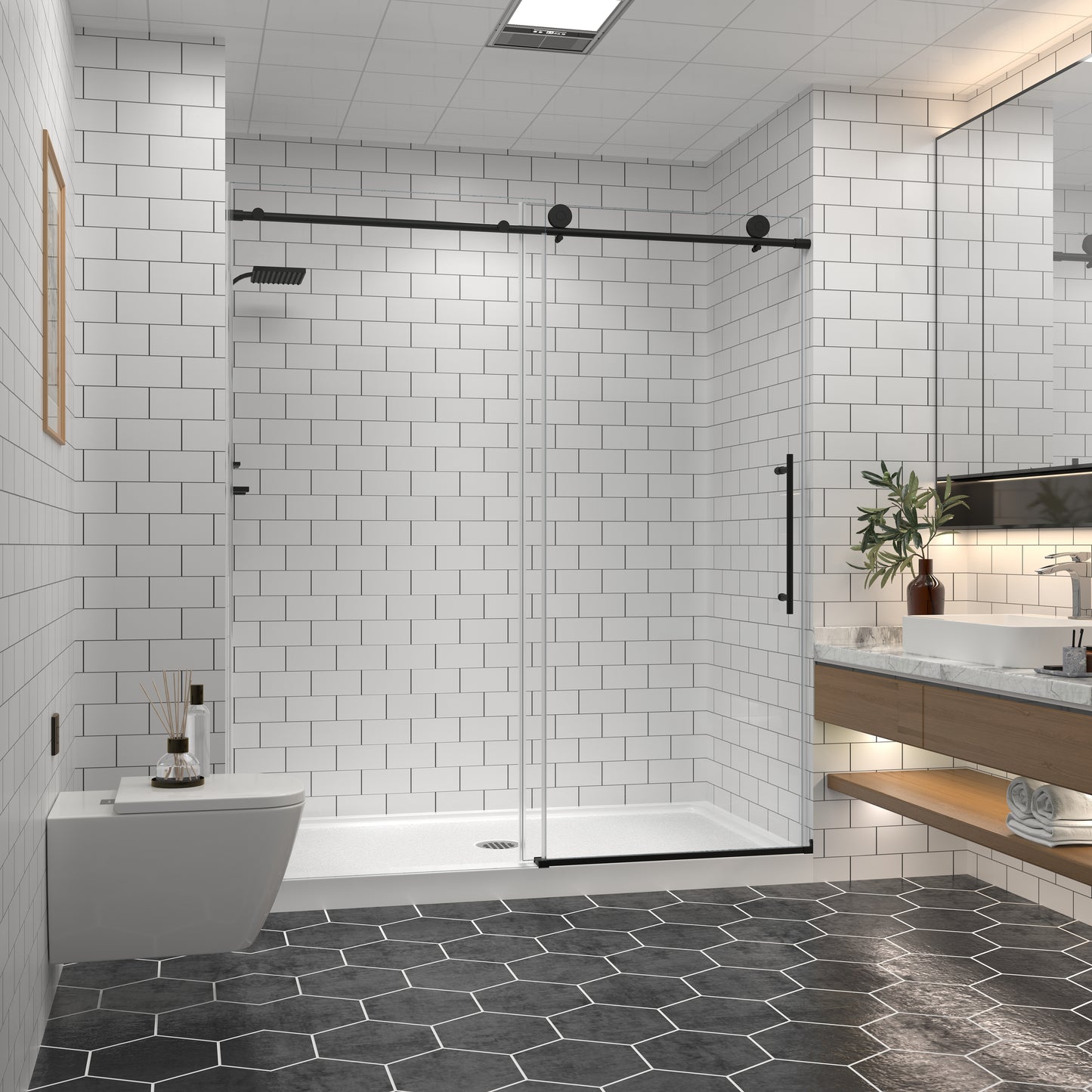 KPUY 2517 Black/Silver/Gold Frameless Shower Door, Sliding Glass Shower Door, 5/16" (8mm) Thick Tempered Clear Glass with Explosion-Proof Film Nano Coating, Stainless Steel Hardware