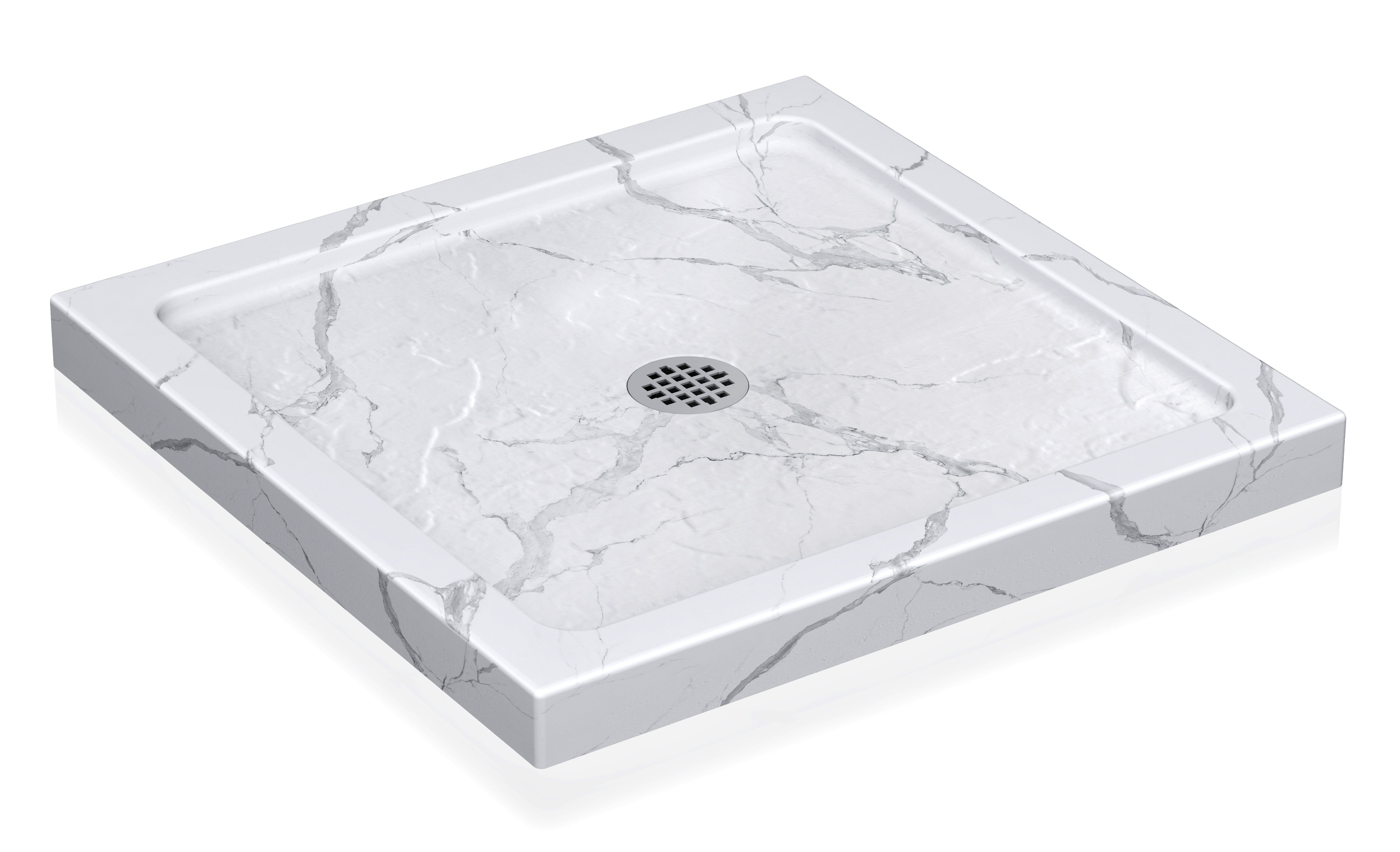Carrara White Square Shower Base Series – Center Drain Stone-Look Shower Pan