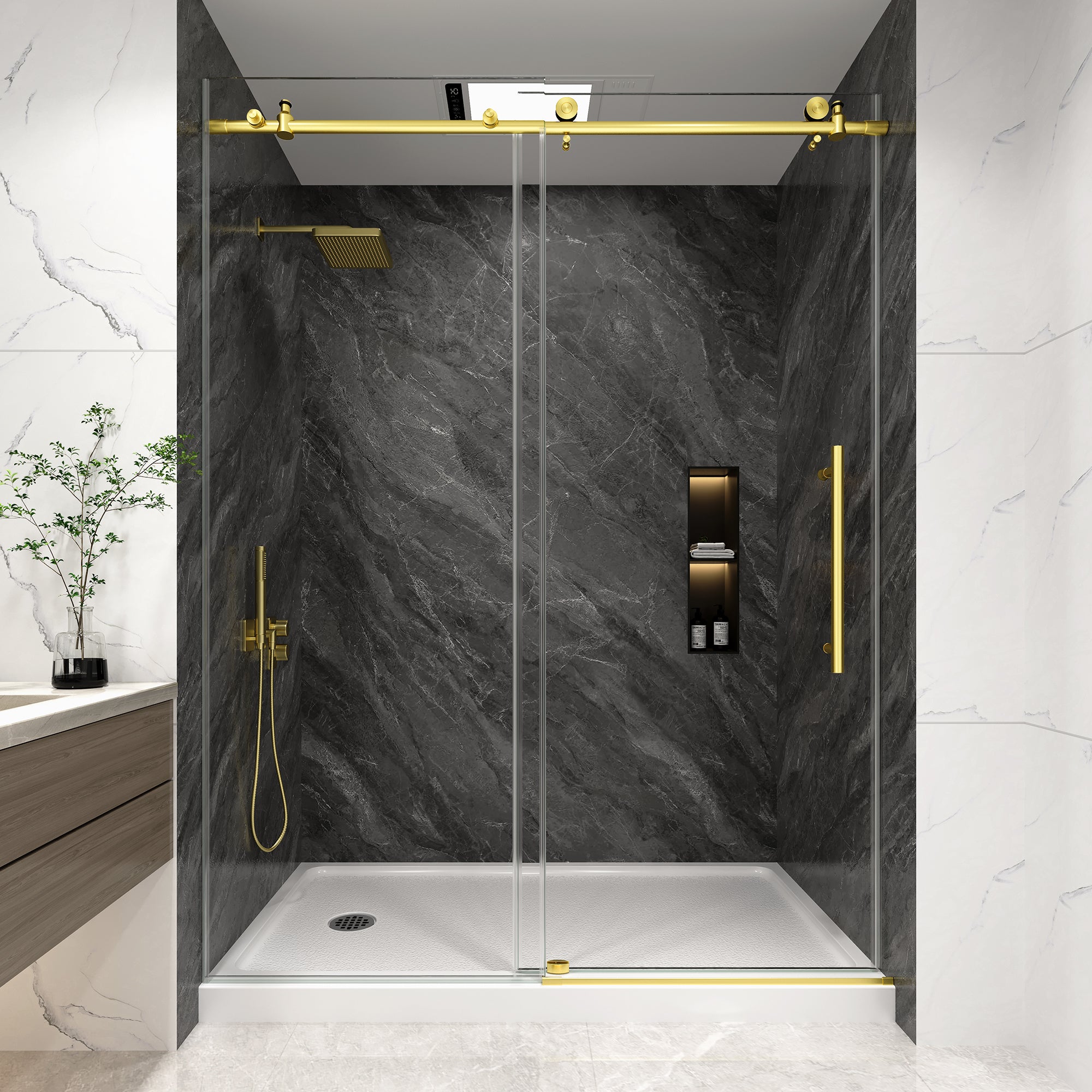 KPUY Frameless Sliding Shower Door, 1/4" Tempered Glass, Brushed Gold – 76" H