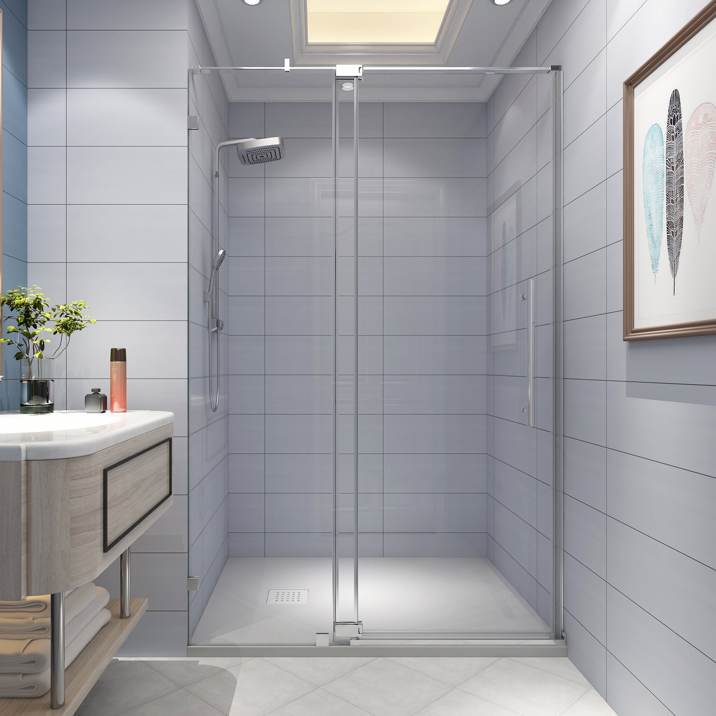 KPUY 9511 Pivot Shower Door, 50-54" W x 74" H Pivot Semi-Frameless Shower Door, 1/4" (6mm) Tempered Glass with Explosion-Proof Film Nano Coating, Stainless Steel Hardware, Chrome