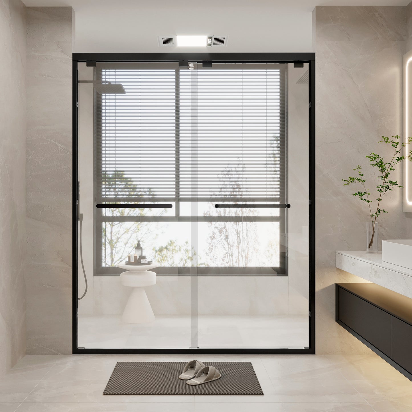KPUY 9711 Frameless Shower Door, 50-54" W x 76" H Sliding Glass Shower Door, 1/4" (6mm) Thick Tempered Clear Glass with Explosion-Proof Film Nano Coating in Matte Black Finish