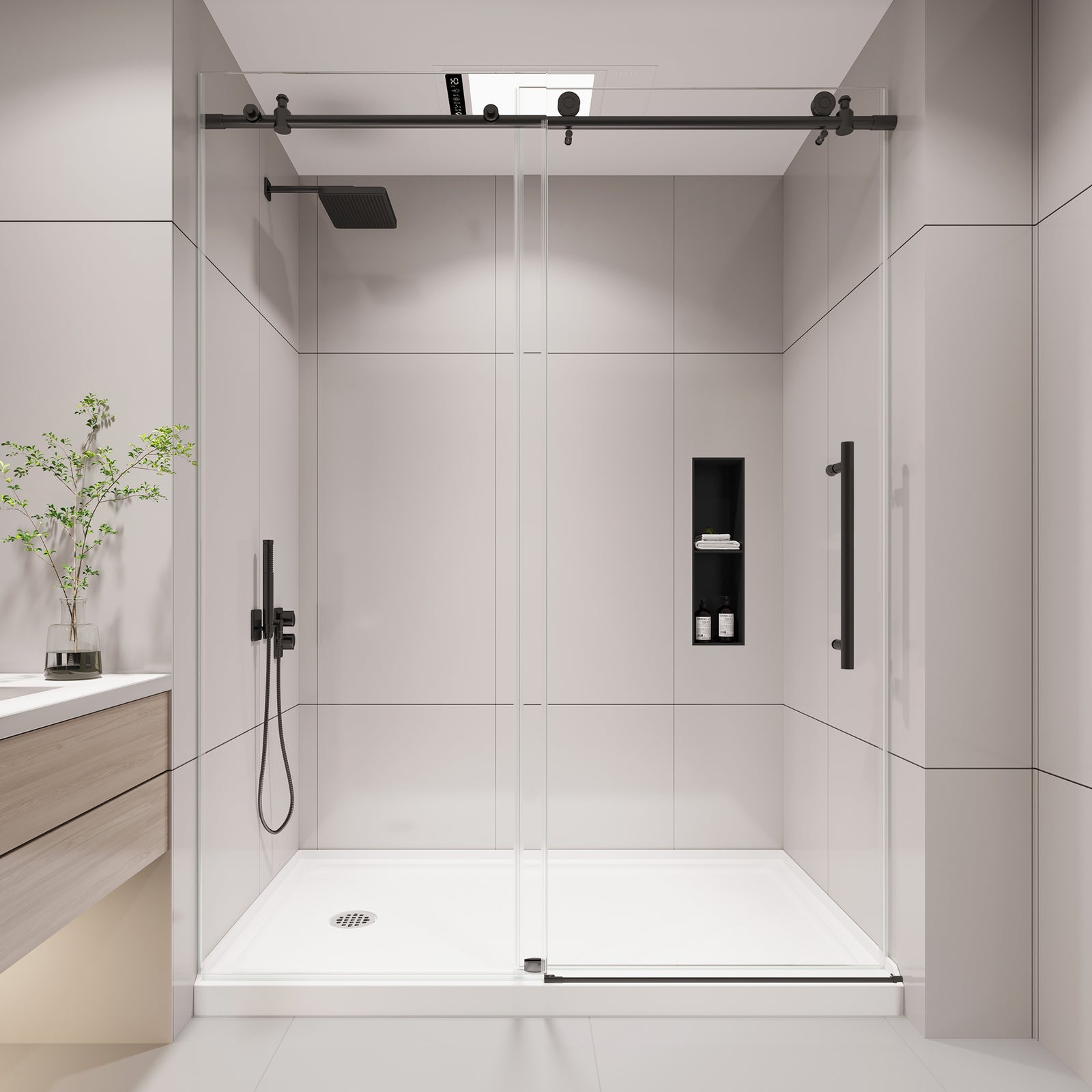 Matte Black Sliding Shower Door, Semi-Frameless, 49–54 in. W x 76 in. H, Model S9811B