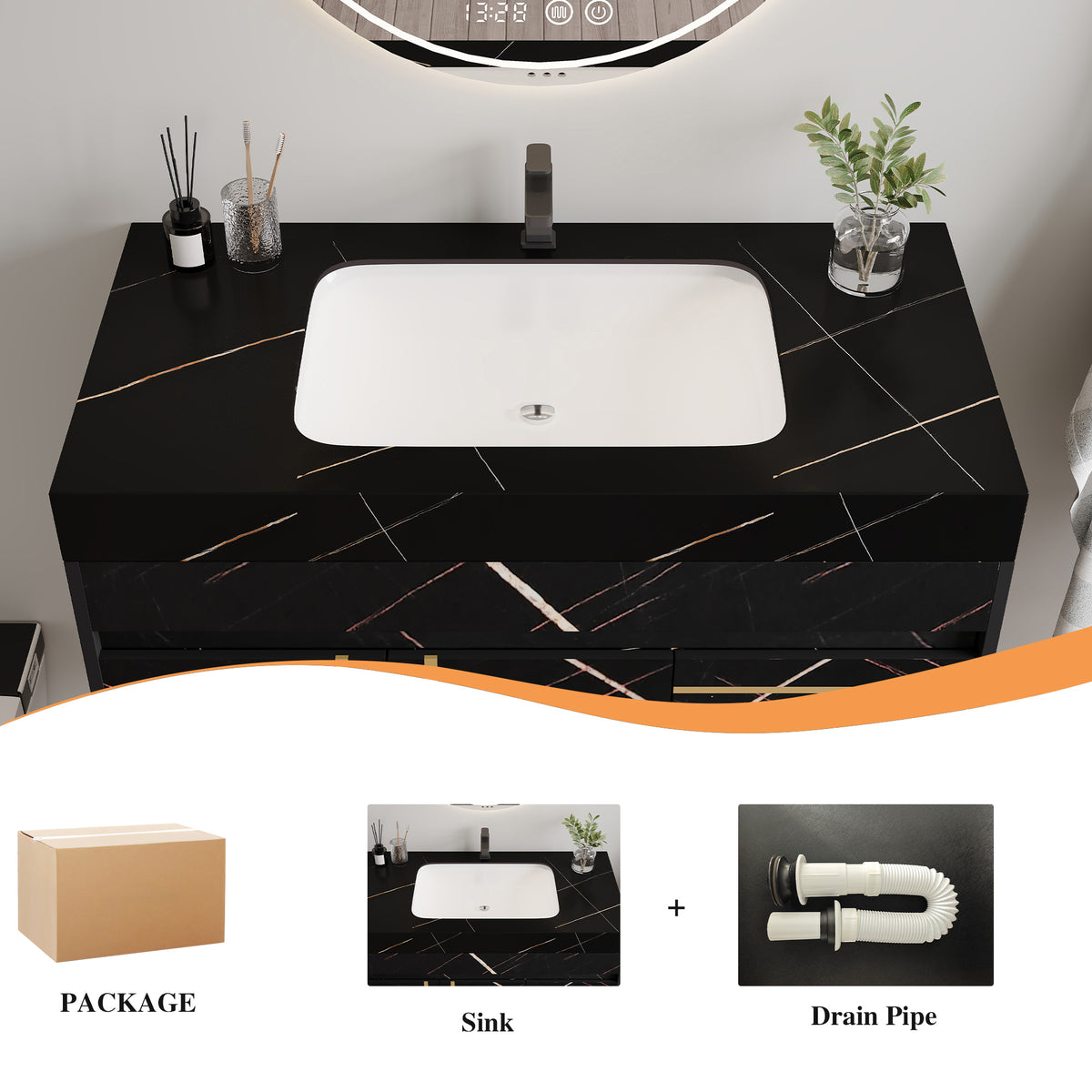 35.2 in Floating Bathroom Vanity with Sink and Faux Marble Top