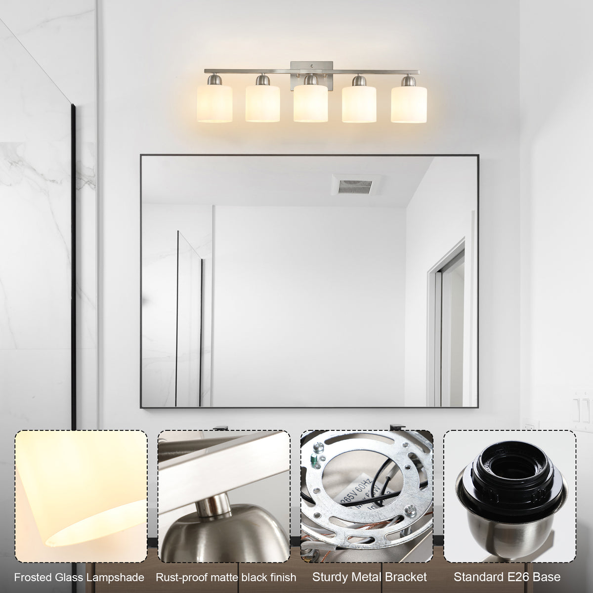 Modern 5-Light Bathroom Fixture with Nickel Finish and Milky White Glass Shade, Wall Sconces Lighting for Bathrooms, Bedrooms and Hallways (No Bulbs)