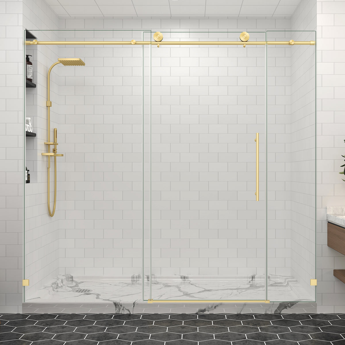KPUY Frameless Sliding Shower Door, 76" H, 5/16" Clear Glass, Brushed Gold