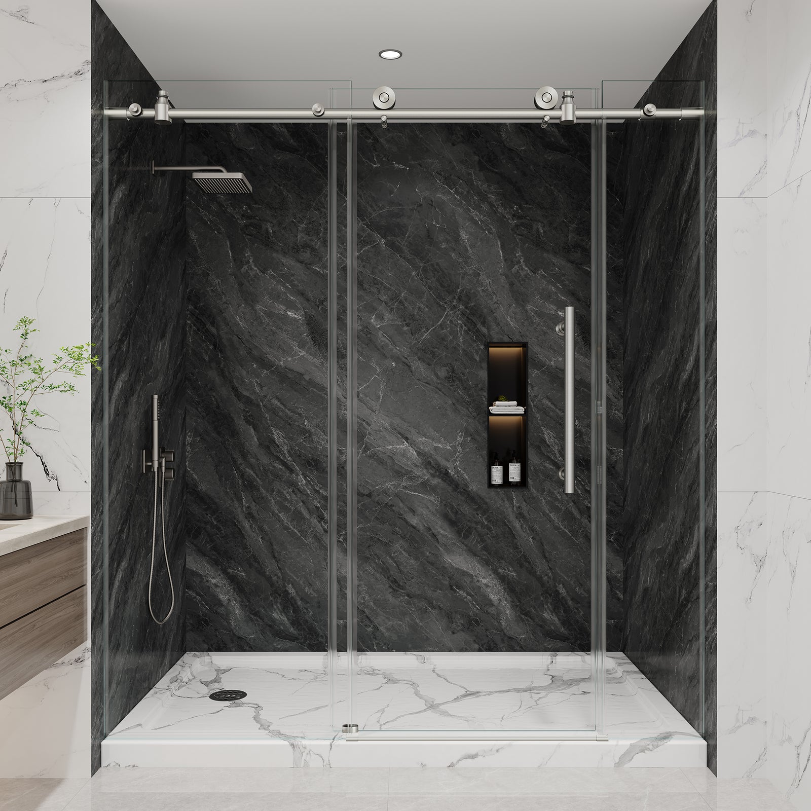 KPUY Frameless Sliding Shower Door, 1/4" Tempered Glass, Brushed Nickel – 76" H