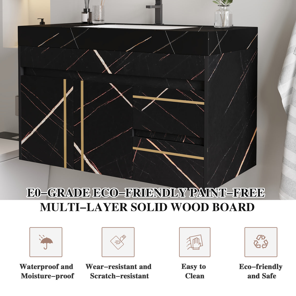 35.2 in Floating Bathroom Vanity with Sink and Faux Marble Top