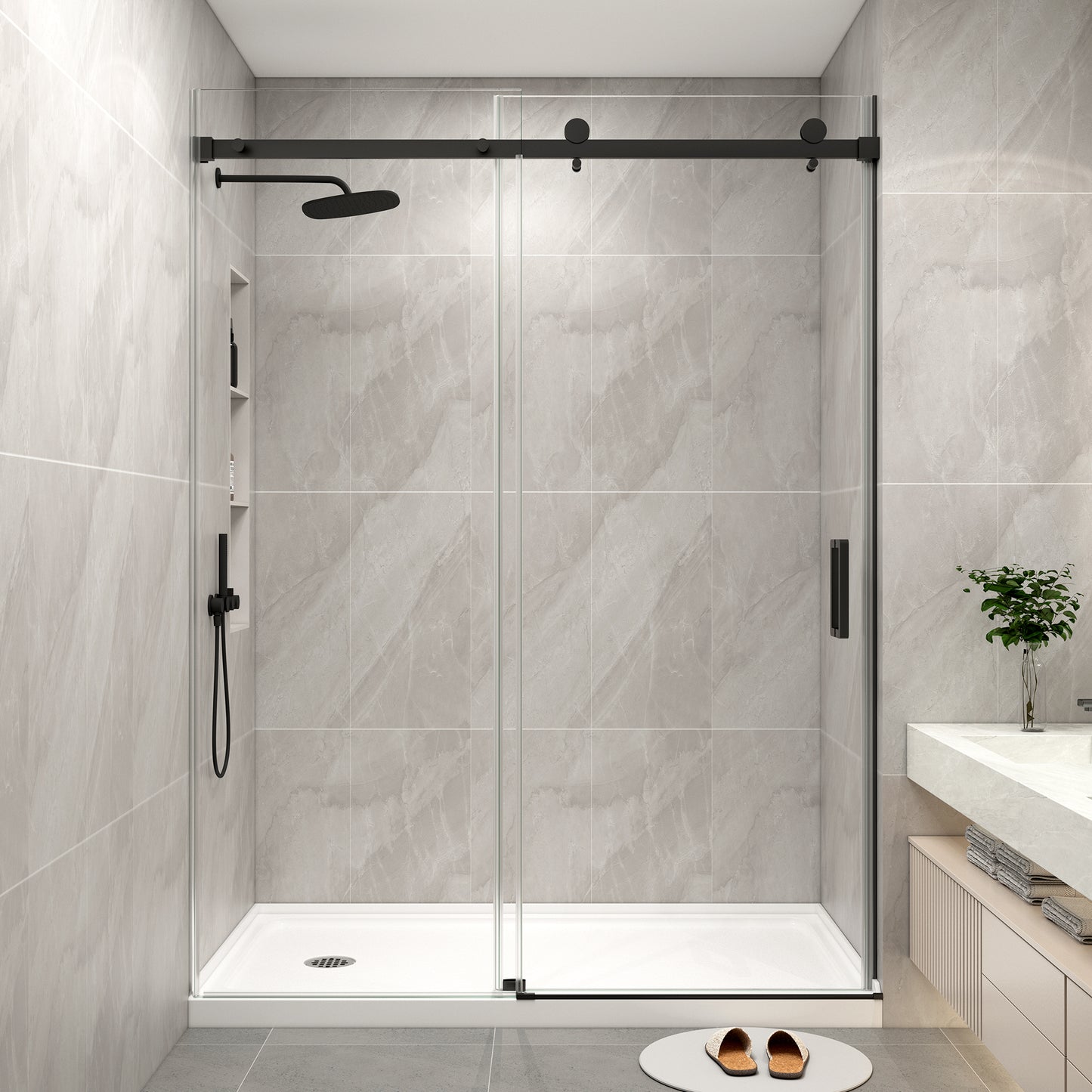 KPUY S9711A Frameless Shower Door, 56-60" W x 76" H Sliding Glass Shower Door, 1/4" (6mm) Thick Tempered Clear Glass with Explosion-Proof Film Nano Coating in Matte Black Finish