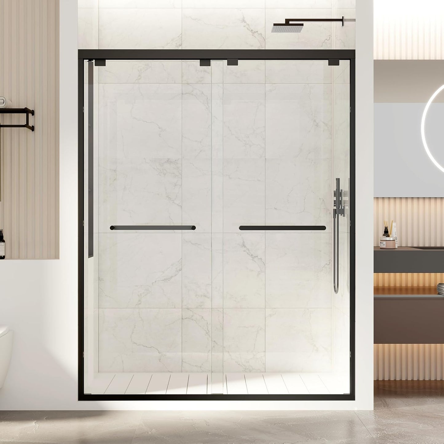 Shower Doors, 56-60" W x 76" H Semi Frame Double Sliding Glass Shower Door, 1/4" (6mm) Clear SGCC Tempered Glass with Explosion-Proof Film, Matte Black