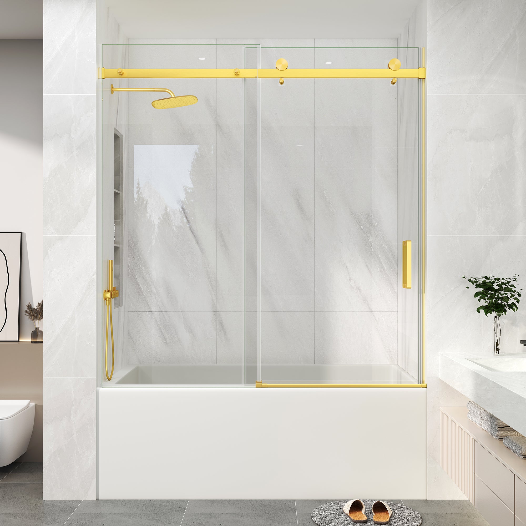 Brushed Gold Sliding Bathtub Door, 55–60 in. W x 60 in. H, Frameless Tub Shower Door, Model S9711D
