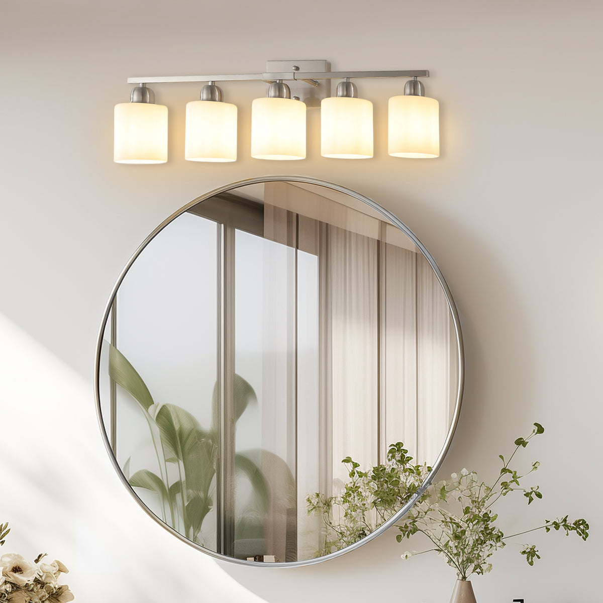 Modern 5-Light Bathroom Fixture with Nickel Finish and Milky White Glass Shade, Wall Sconces Lighting for Bathrooms, Bedrooms and Hallways (No Bulbs)
