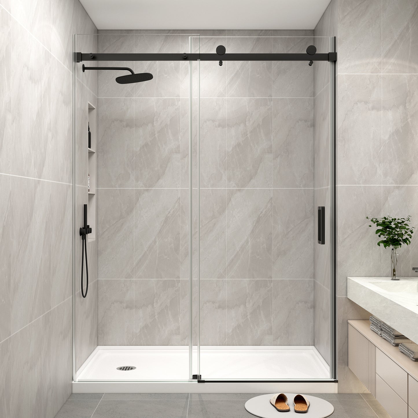 KPUY S9711B Frameless Shower Door, 44-48" W x 76" H Sliding Glass Shower Door, 1/4" (6mm) Thick Tempered Clear Glass with Explosion-Proof Film Nano Coating in Matte Black Finish
