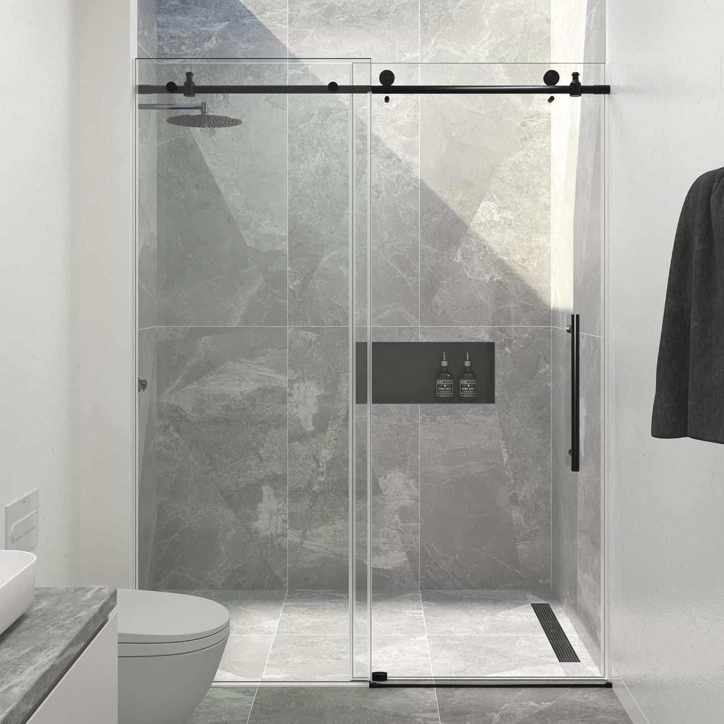 Frameless Shower Door, 50"-54" W x 76" H Sliding Glass Shower Door with 1/4" (6mm) Clear SGCC Tempered Glass, Silent Soft-Close Design, Stainless Steel Frame, Matte Black