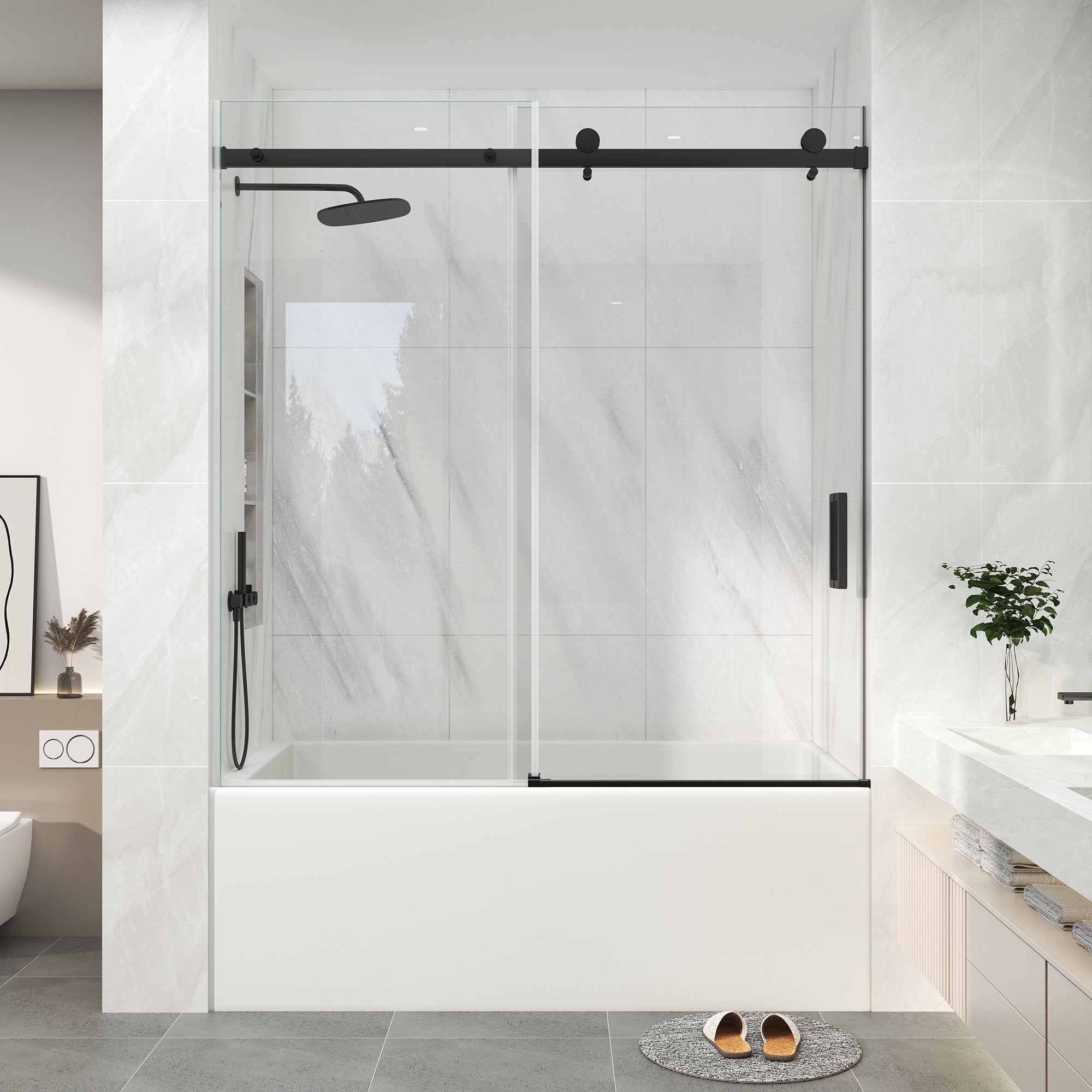 Matte Black Frameless Sliding Bathtub Door, 55-60 in. W x 60 in. H, Model S9711D