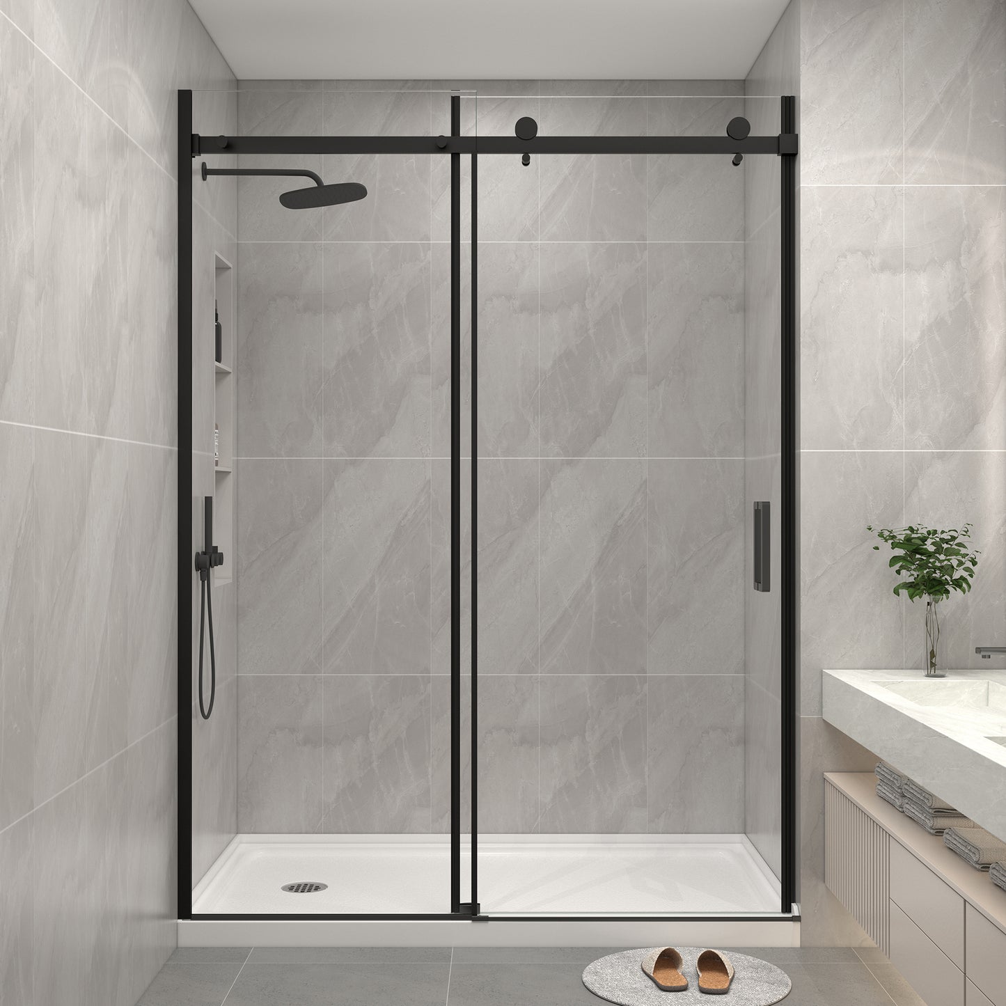 KPUY 9711 Frameless Shower Door, 50-54" W x 76" H Sliding Glass Shower Door, 1/4" (6mm) Thick Tempered Clear Glass with Explosion-Proof Film Nano Coating in Matte Black Finish