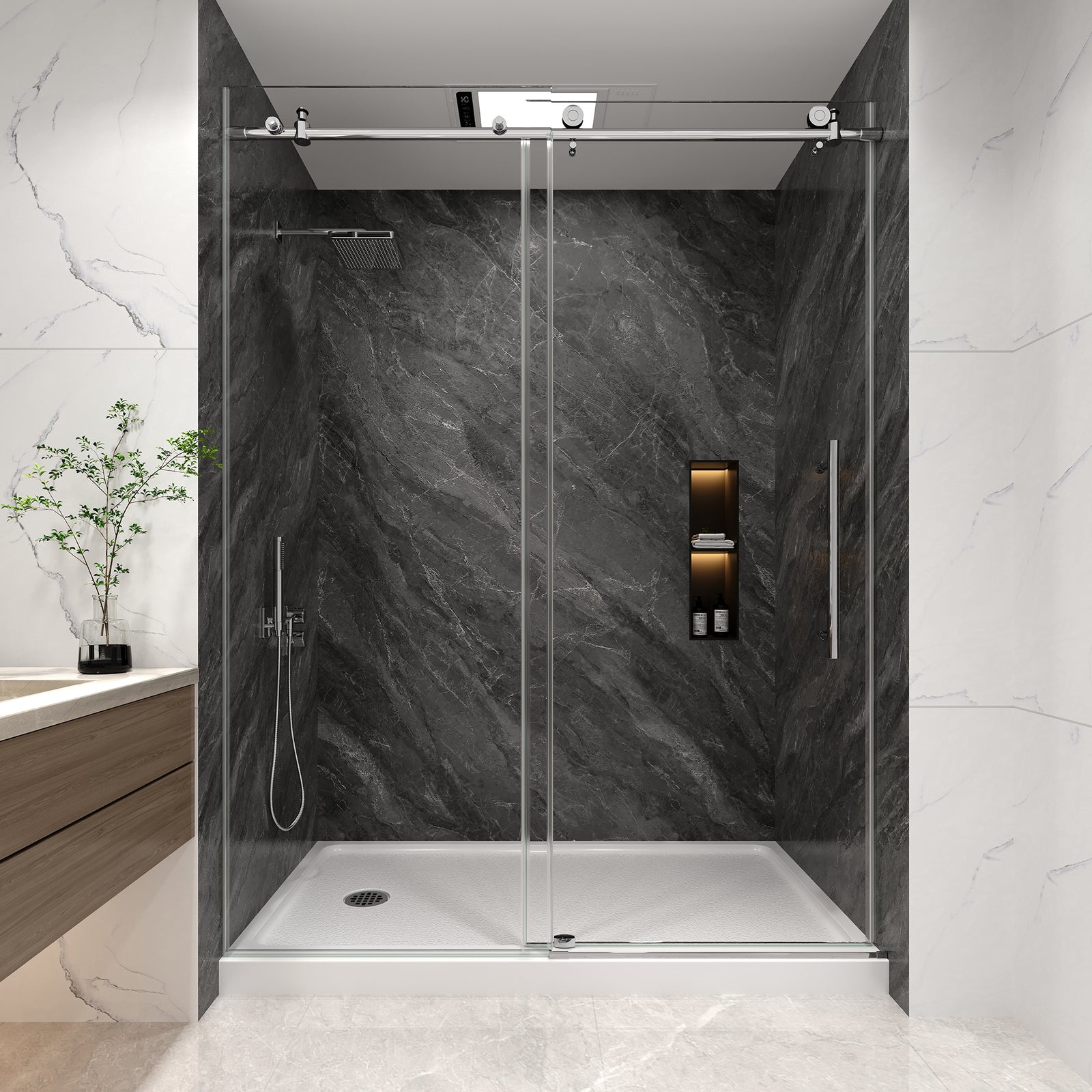 KPUY Frameless Sliding Shower Door, 1/4" Tempered Glass, Chrome – 76" H