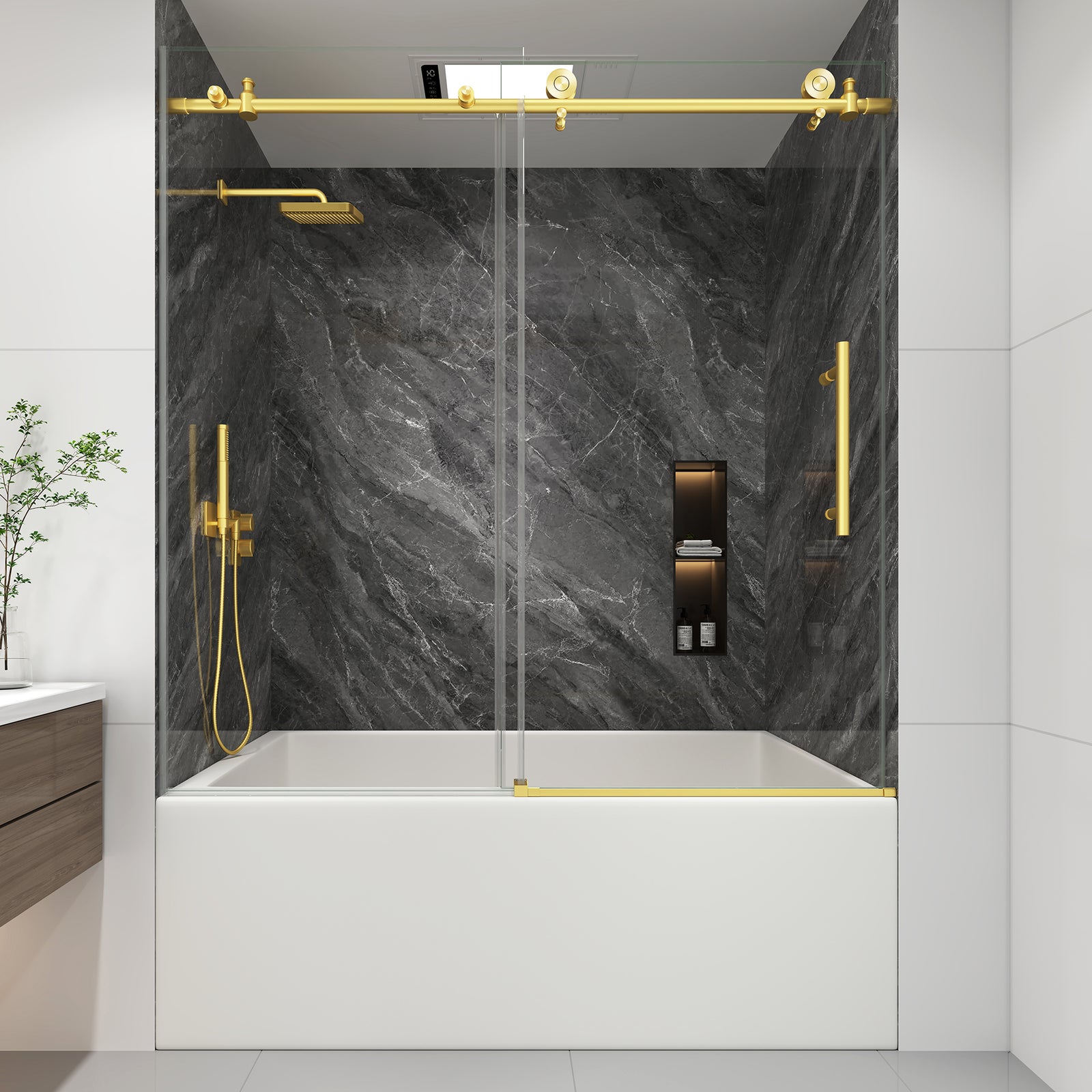 KPUY Frameless Stainless Steel Sliding Bathtub Door, 1/4" Tempered Glass, Brushed Gold – 49–54" & 55–60" W x 60" H