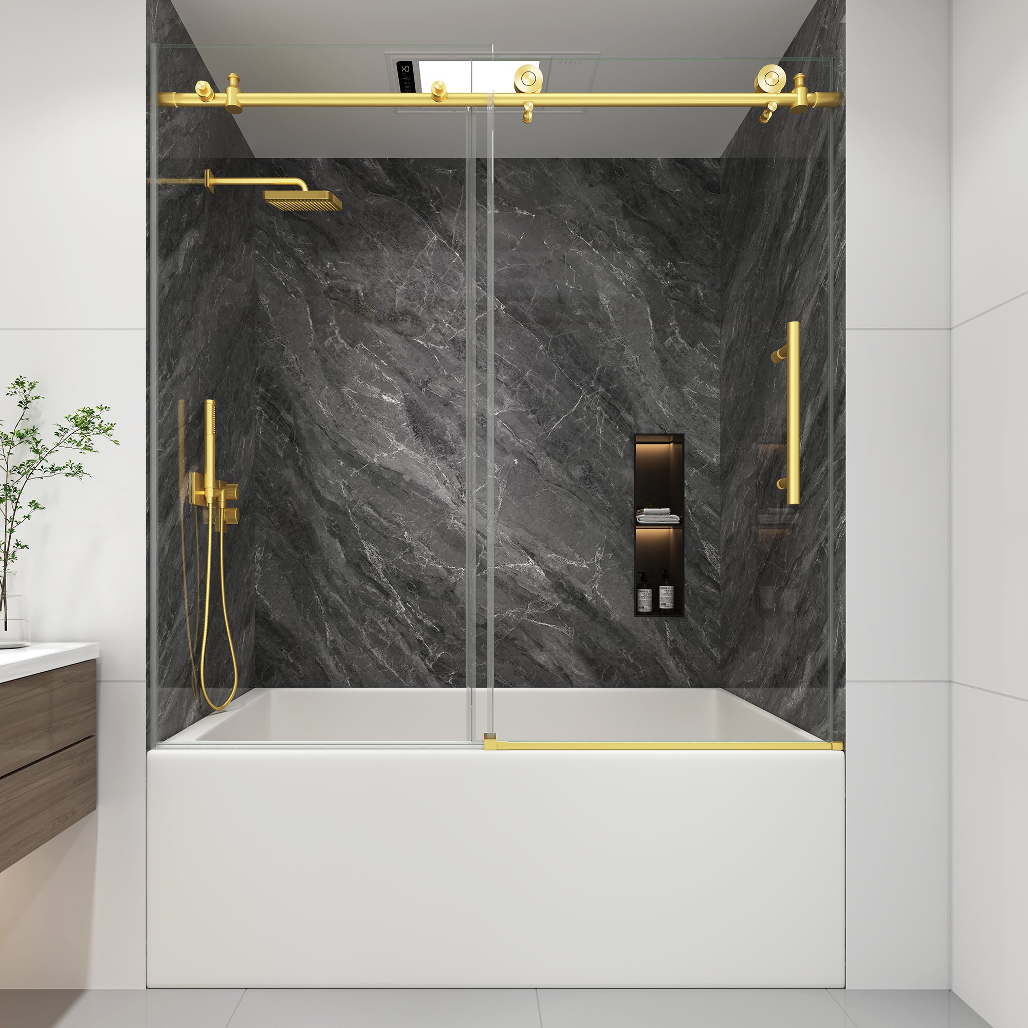 KPUY Frameless Stainless Steel Sliding Bathtub Door, 1/4" Tempered Glass, Brushed Gold – 49–54" & 55–60" W x 60" H