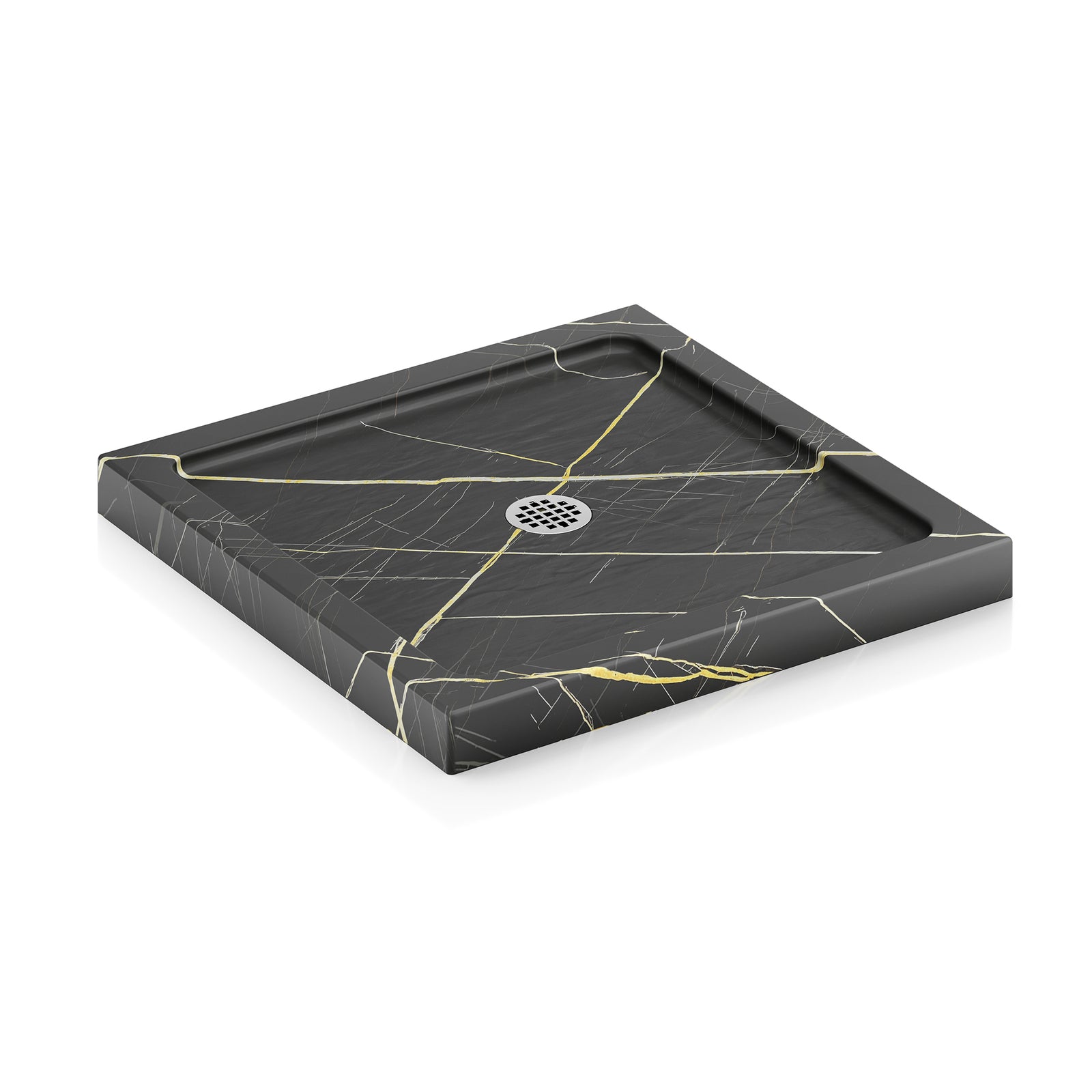 KPUY Square Acrylic/ABS Shower Base Pan with Center Drain, Black Gold Stone-Look