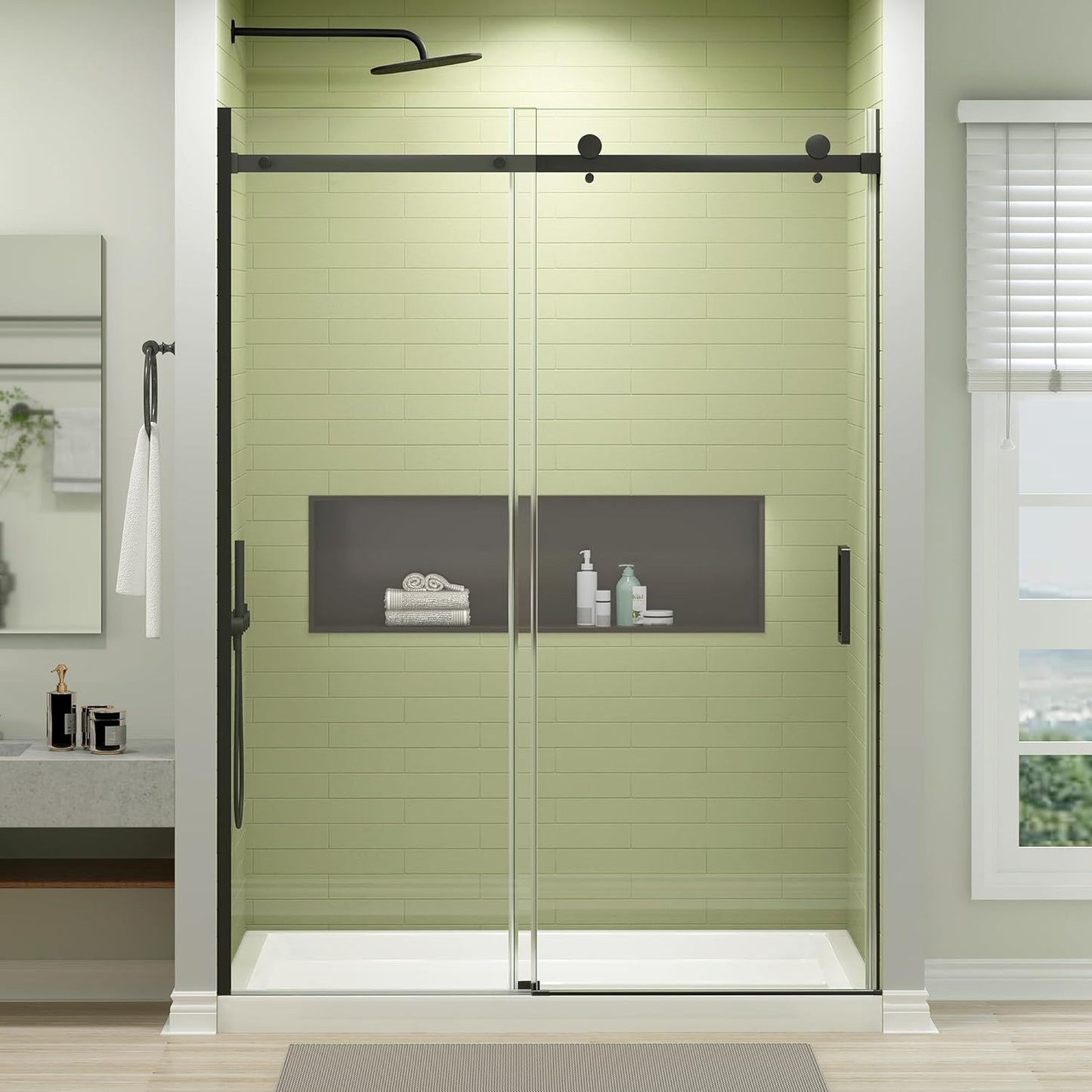 Frameless Shower Door, 50-54" W x 76" H Sliding Glass Shower Door with 1/4" (6mm) Clear Tempered Glass, Reversible Installation, Matte Black