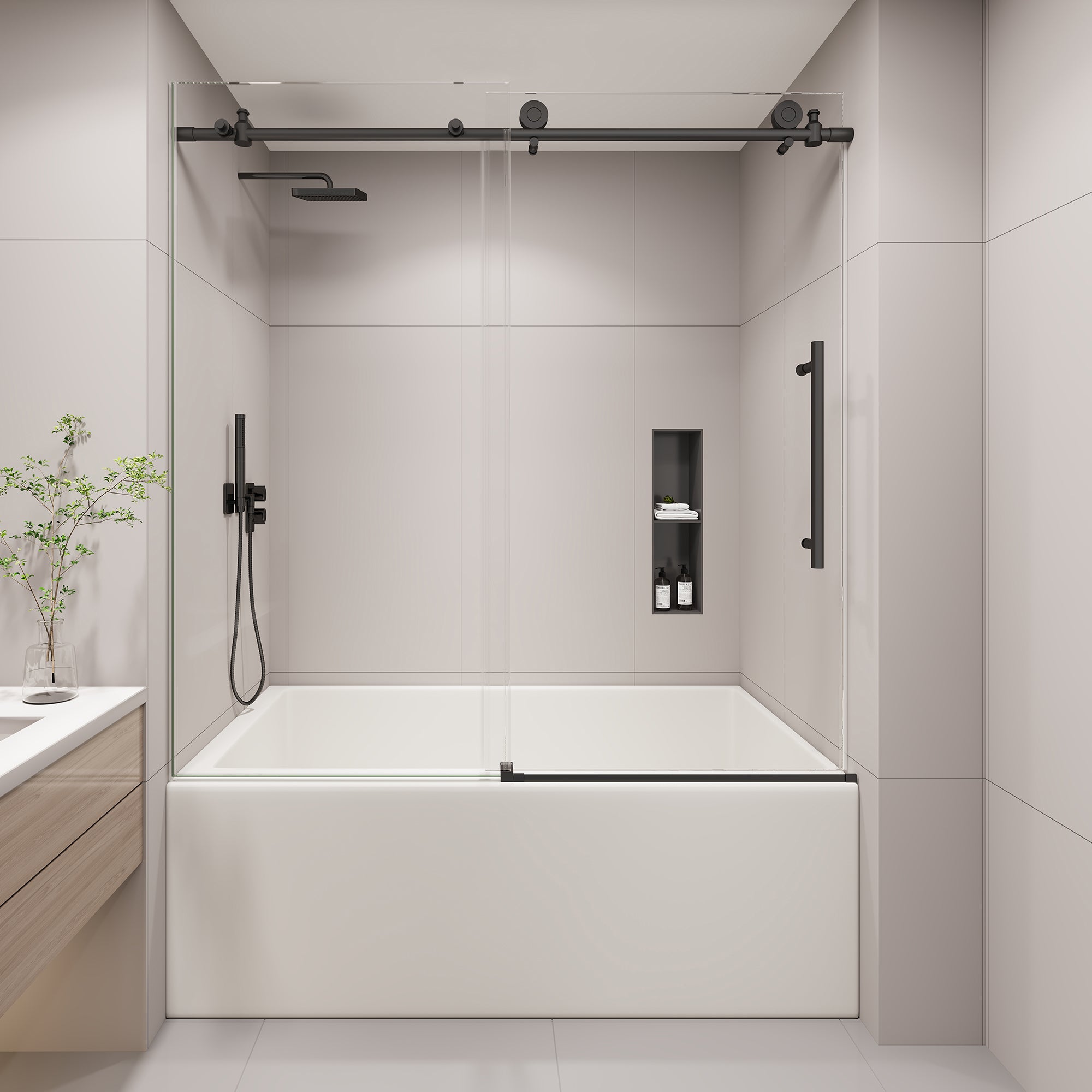 Frameless Stainless Steel Sliding Bathtub Door Series - 60" H Quiet Glide (Multi-Size & Quad-Color)
