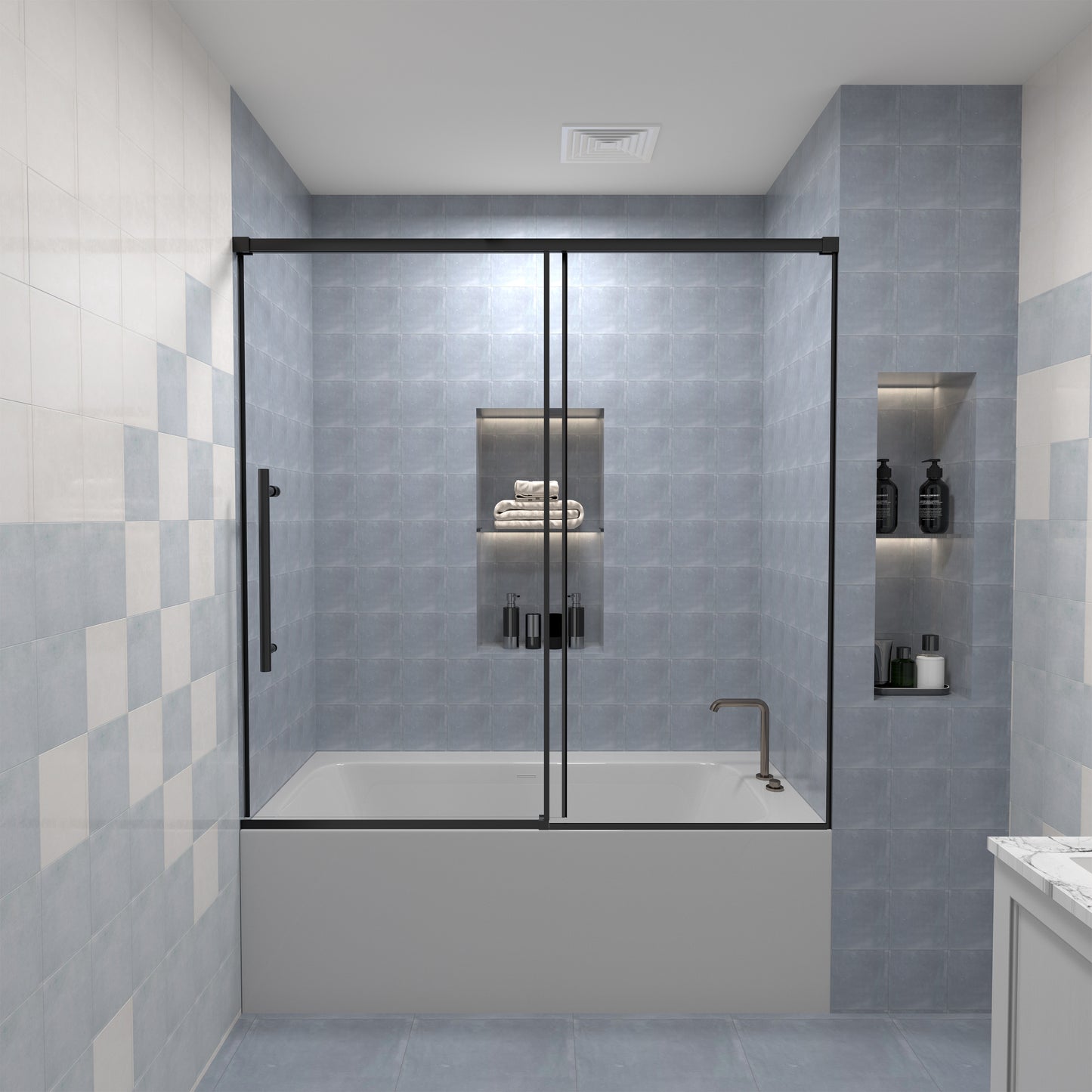 KPUY 9711 Frameless Shower Door, 50-54" W x 76" H Sliding Glass Shower Door, 1/4" (6mm) Thick Tempered Clear Glass with Explosion-Proof Film Nano Coating in Matte Black Finish