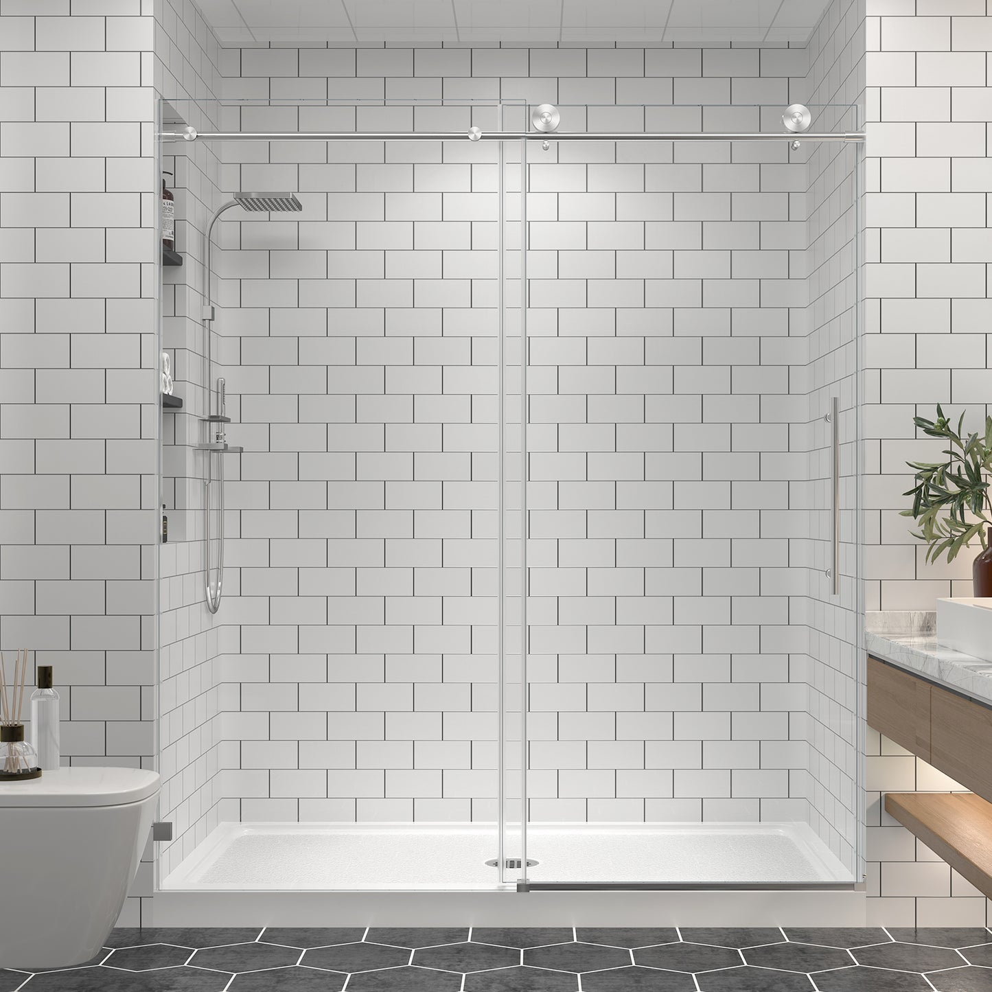 KPUY 2517 Black/Silver/Gold Frameless Shower Door, Sliding Glass Shower Door, 5/16" (8mm) Thick Tempered Clear Glass with Explosion-Proof Film Nano Coating, Stainless Steel Hardware