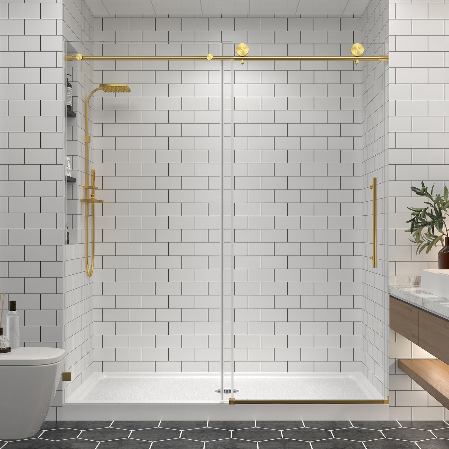 KPUY 2517 Black/Silver/Gold Frameless Shower Door, Sliding Glass Shower Door, 5/16" (8mm) Thick Tempered Clear Glass with Explosion-Proof Film Nano Coating, Stainless Steel Hardware